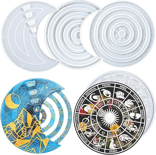 Miniatura 2 de FUNSHOWCASE Moldes de silicona de fundición de resina epoxi, anillo de calendario lunar perpetuo y 12 constelaciones, bandeja rodante, paquete de 2