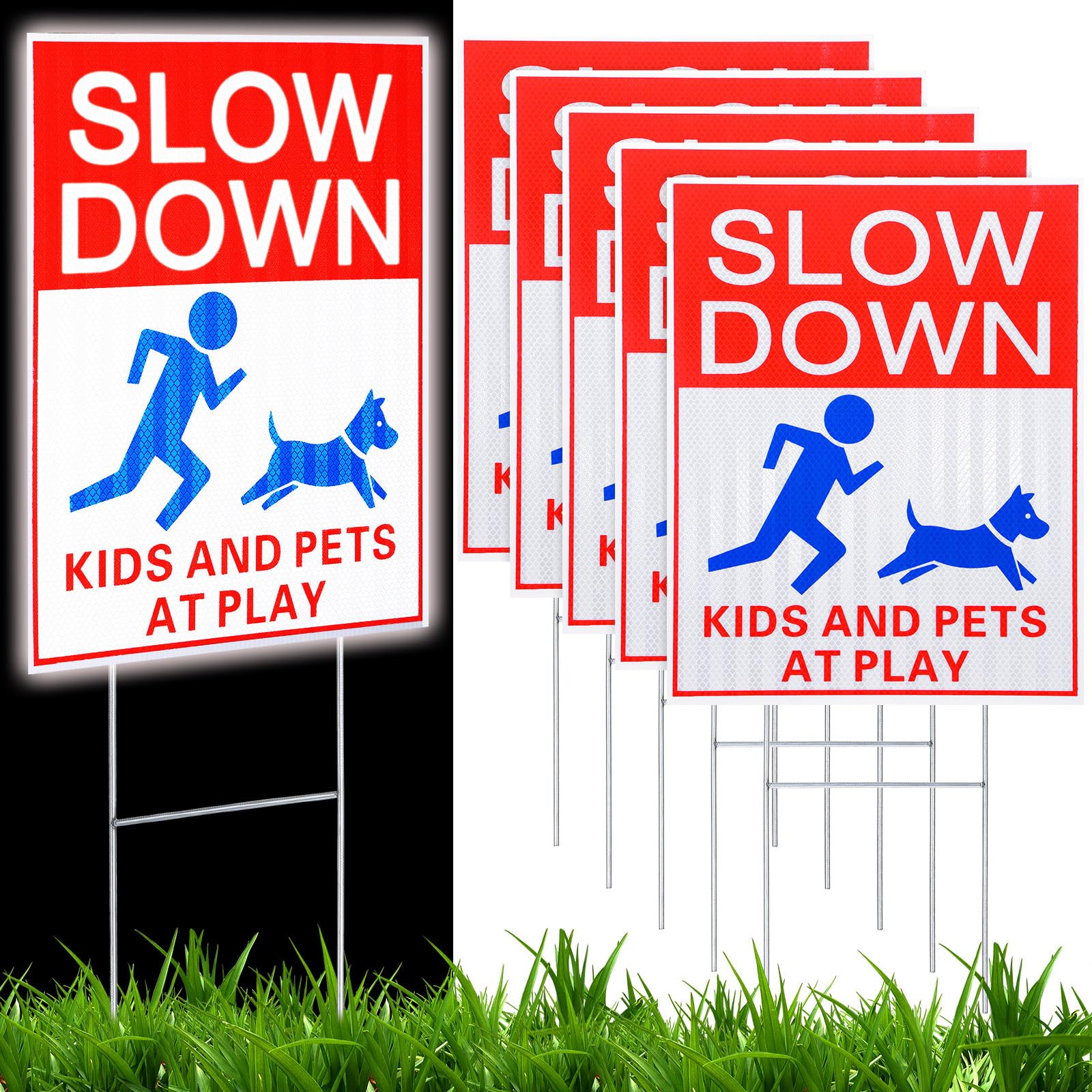 Fumete 6 letreros reflectantes de seguridad para niños y mascotas en juego, con estaca de metal, 15 x 12 pulgadas, doble cara, advertencia de precaución para el césped de la calle, vecindarios, niños