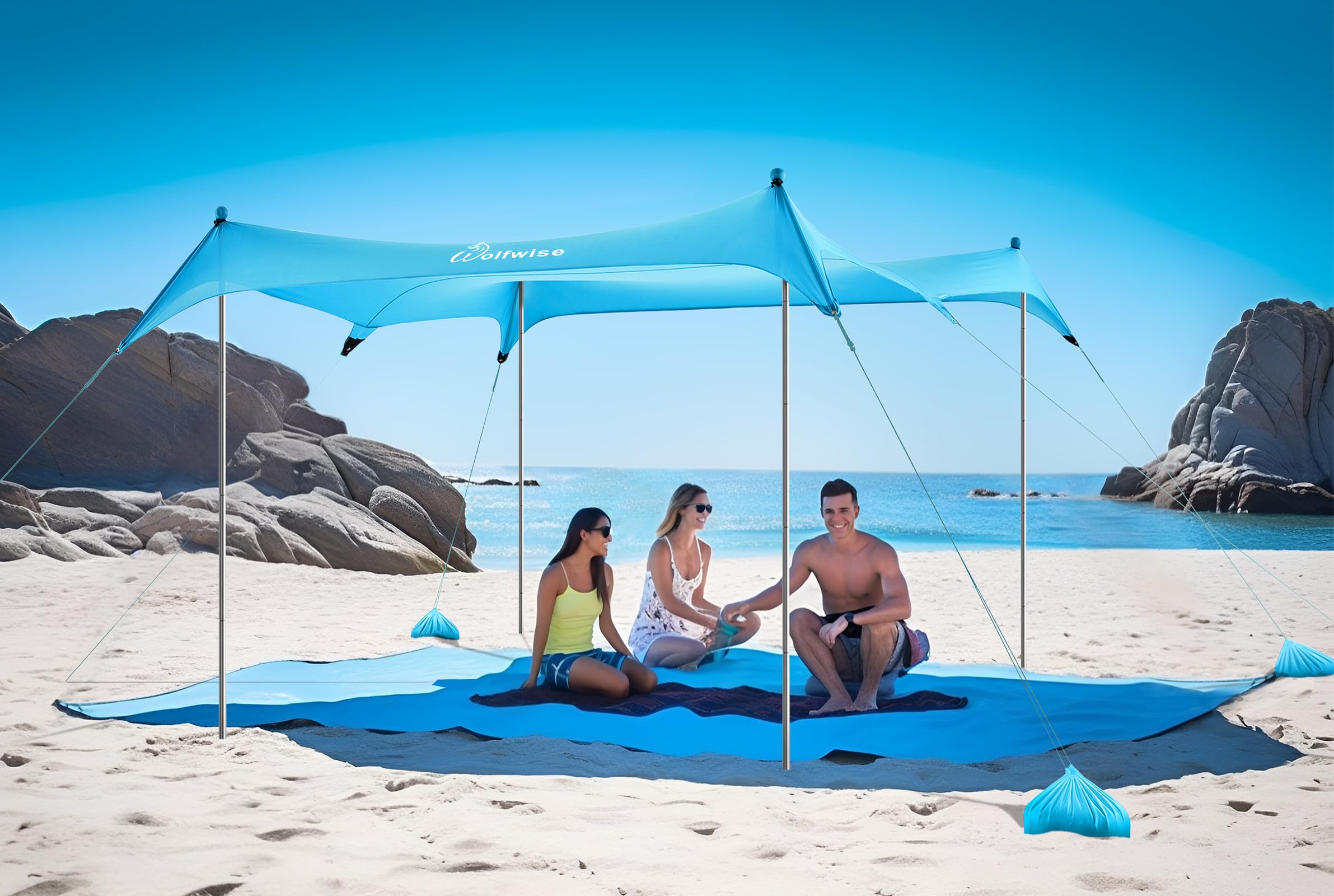 WolfWise Tenda da Spiaggia con Protezione Solare UPF50+, 3 x 3 m Tenda da Spiaggia con Ancoraggio di Sabbia