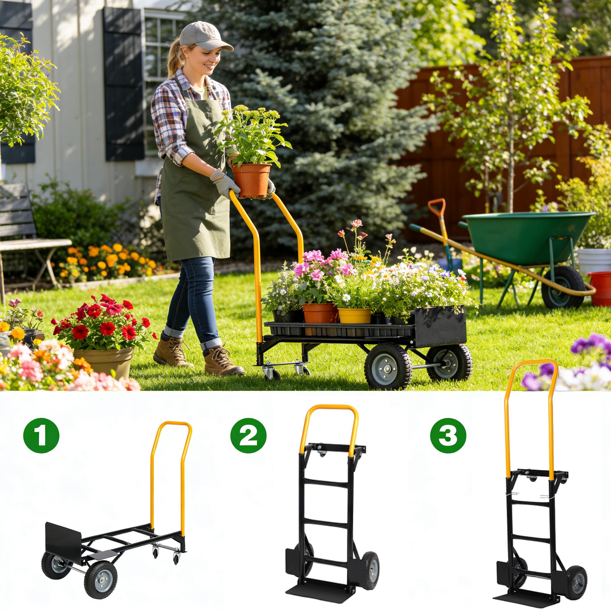Carrello a mano convertibile, resistente, 2 in 1, con capacità di 362,9 kg, con 4 ruote non piatte, per traslochi, magazzini, uffici, alimentari, giardino e uso industriale (nero-A)