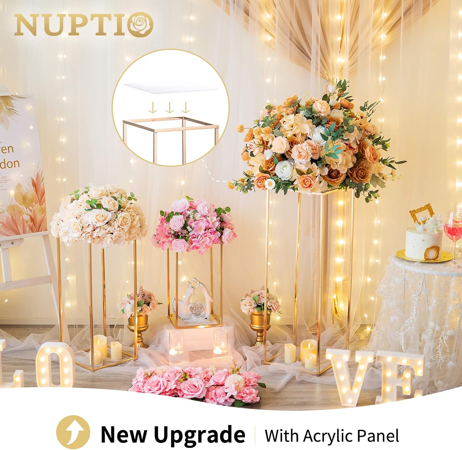 Nuptio Wedding Centerpieces for Tables with Acrylic Panel - 3 Pcs 15.7/23.6/31.5 inch Tall Gold Vases for Centerpieces - Flower Stand for Centerpiece Table Metal Vase Column Stand Party Decorations