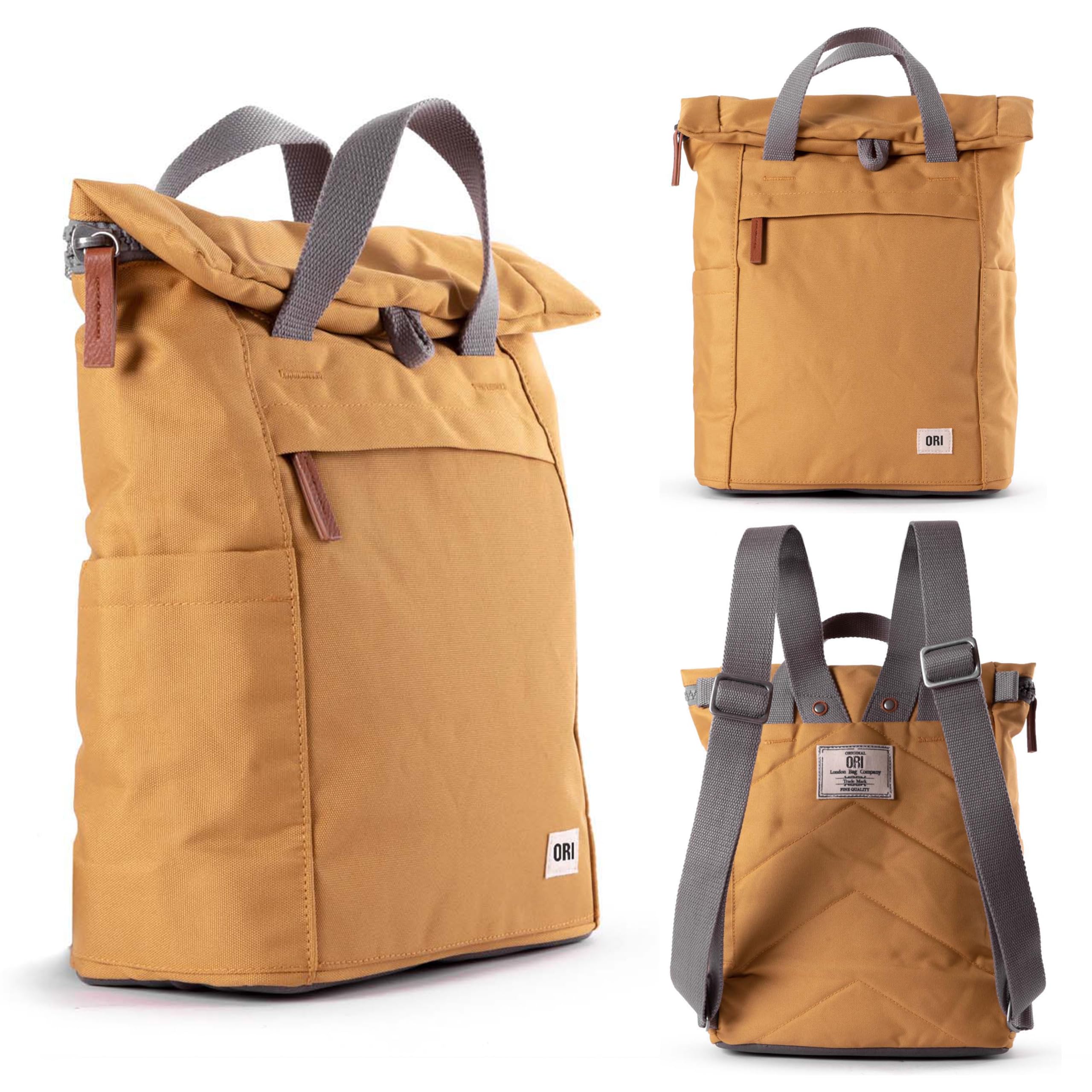 ORI LONDON Travel Backpack - Small Water-Resistant Nylon Rolltop Laptop Backpack for Men & Women - The Finchley - Flax