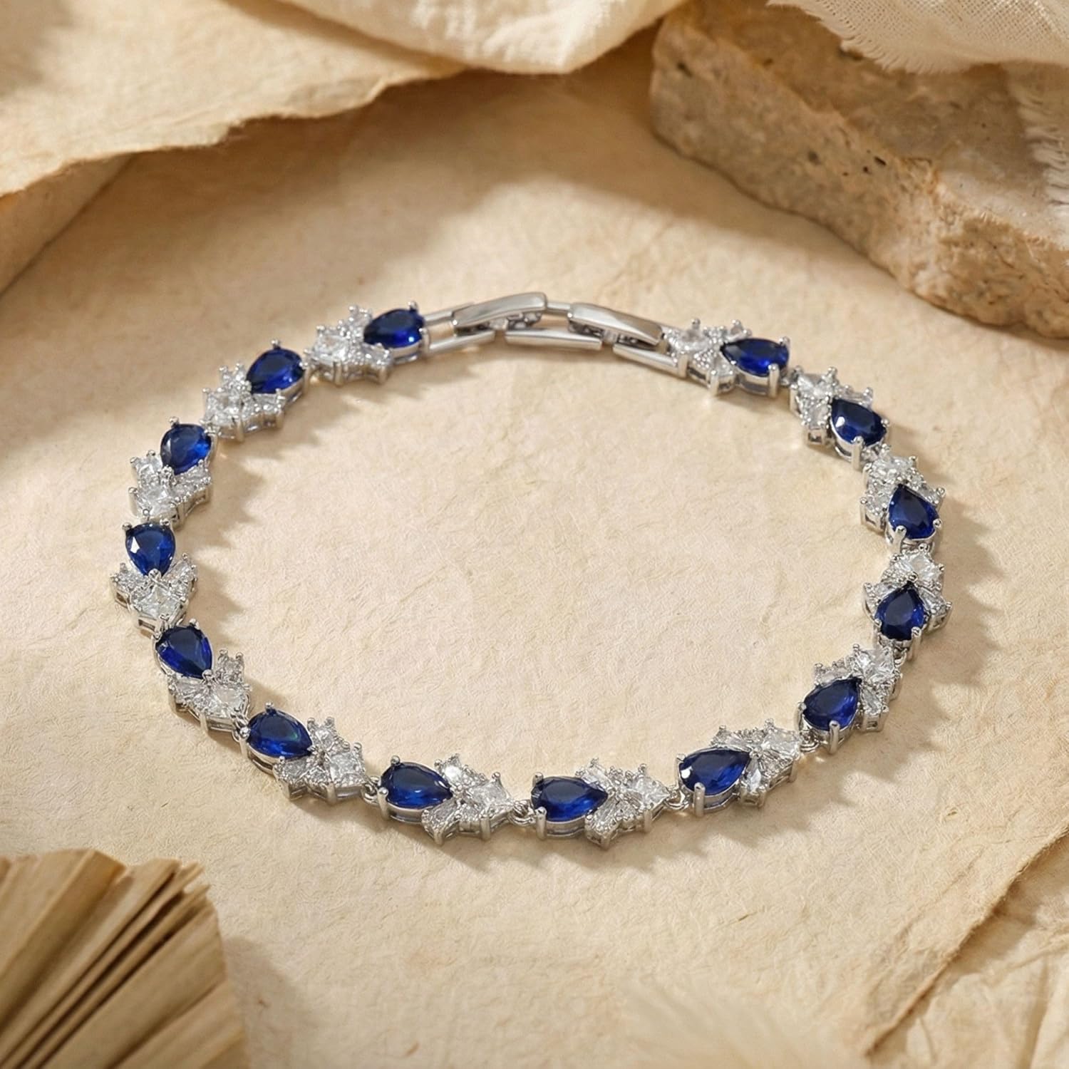 Mariell Wedding and Bridal Cubic Zirconia Crystal Something Blue Tennis Bracelet with Sapphire CZ, Jewelry Gift for Women and Brides, 7 1/4" Plus 1/2" Extender