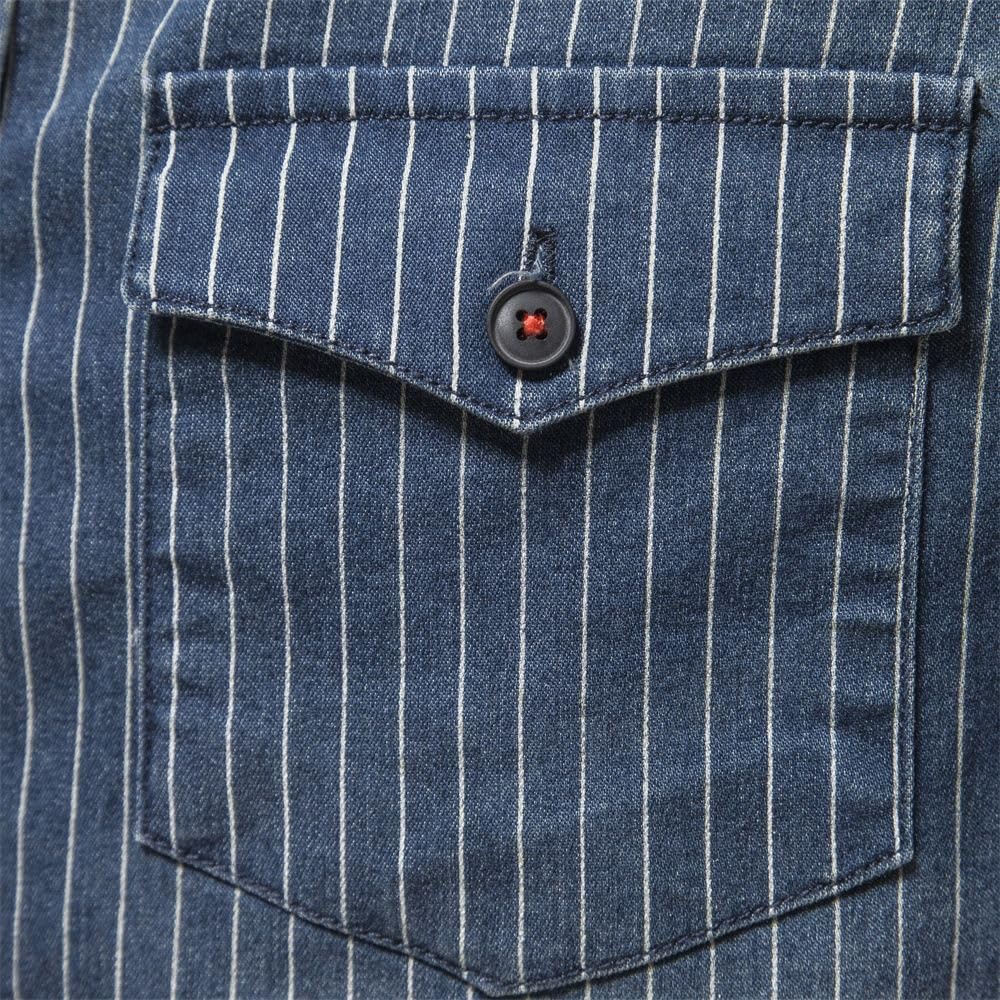 Camicia da uomo a maniche lunghe in denim a righe slim fit lavato vintage slavato multitasche