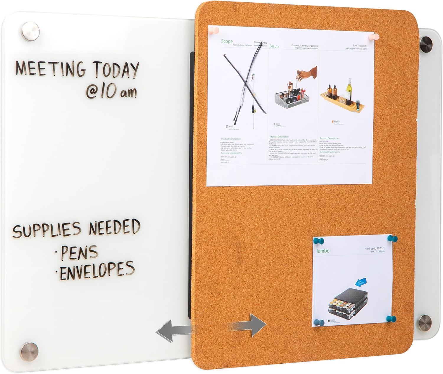 Mind Reader Glass Dry Erase Board with Sliding Corkboard, Wall Mounted Combination Whiteboard and Bulletin Board, 28" x 19.5"