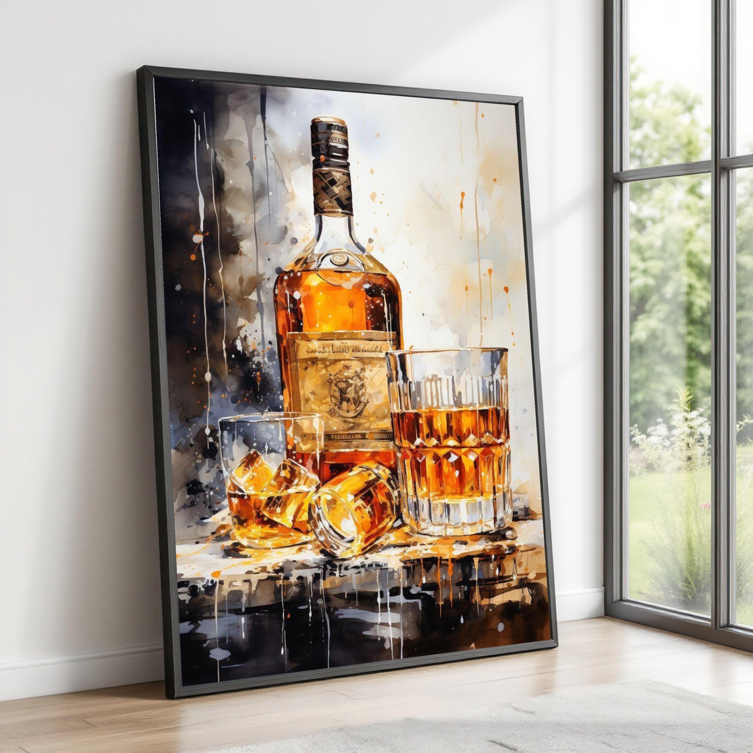 XINBAO Lienzo decorativo de botella de whisky y vasos, decoración de bar, bodegón de whisky, lienzo para bar, obra de arte (80 x 110 cm/marco interior)
