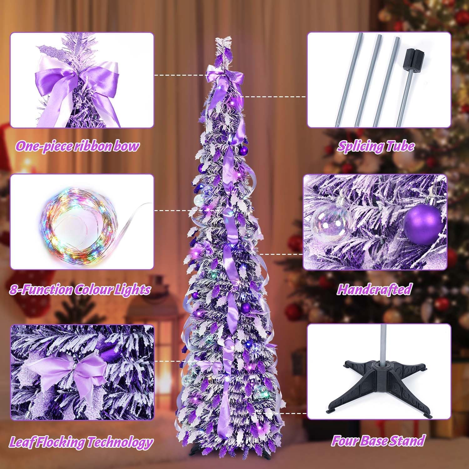 5ft Christmas Tree with 1.5ft Wreath, Purple Snow Flocked Christmas Tree with 150 Multi-Color LED Lights, Dreamy Pop up X-Mas Tree Easy Assembly for Holiday Indoor Xmas Home Decor