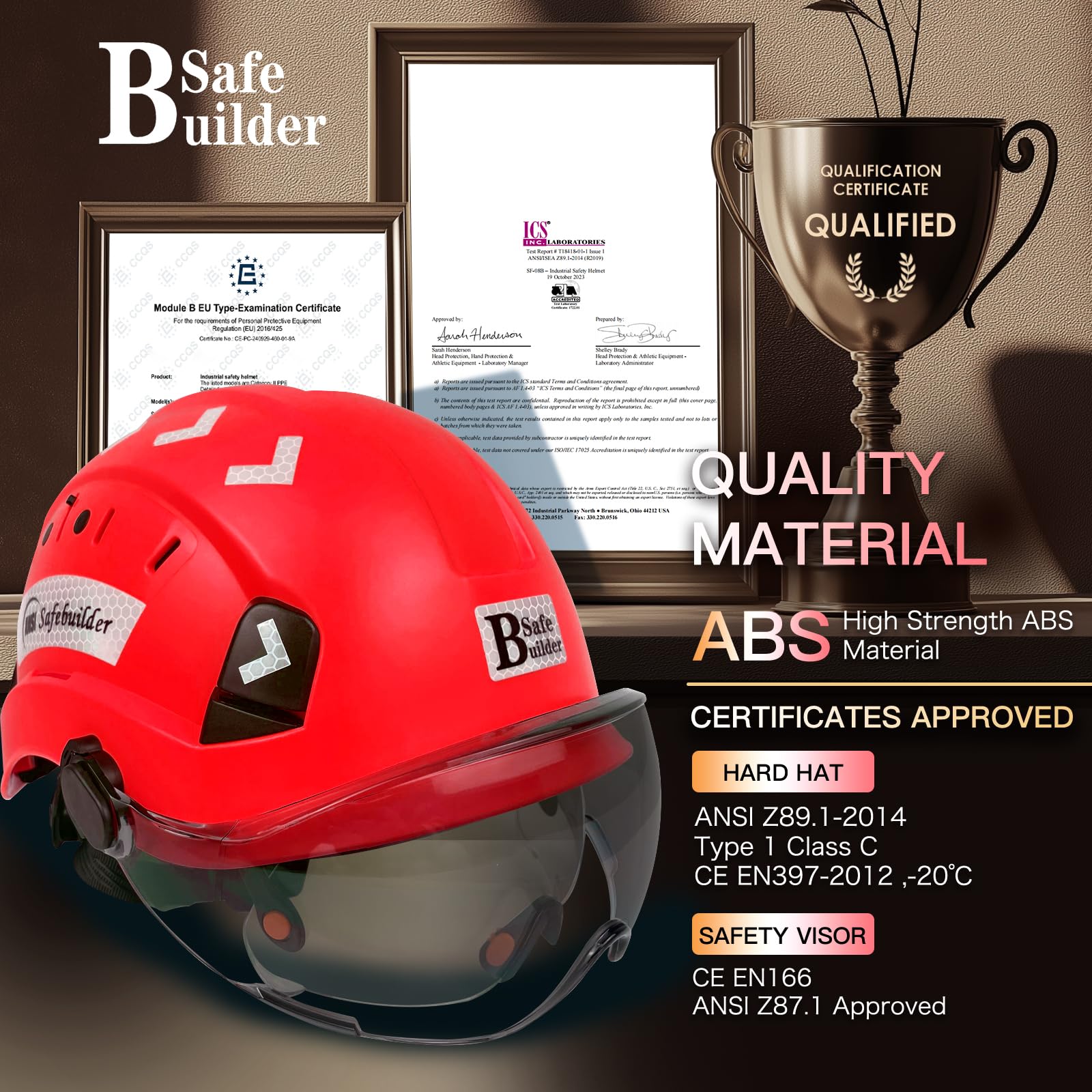 SAFEBUILDER Bau-Sicherheitshelm mit integriertem Visier, ABS-Schutzhelm mit Visier, verstellbare Belüftung, Hardhats Arbeitskopfschutz, ANSI/ISEA Z89.1