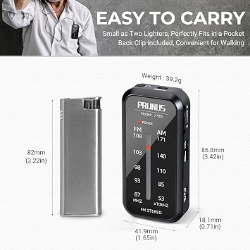 Pocket Radio Mini AM FM Stereo Radio Portable Battery Operated Radio, Includes Headphones, with Back Clip and Signal Indicator, Operated by AAA Batteries for Emergency,Walking,Running,J-985 by PRUNUS