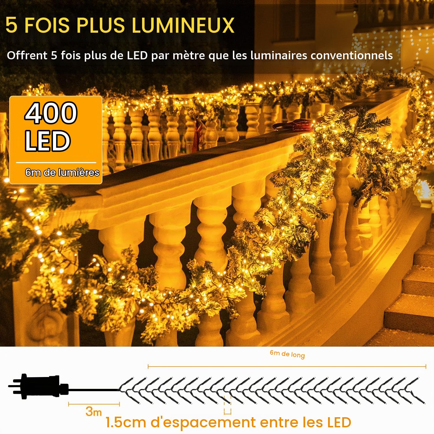 Ollny Guirlande lumineuse LED 6m 400 LED, guirlande lumineuse de Noël IP44 étanche avec télécommande et minuterie, 8 modes, décoration de fête pour Noël, anniversaire, mariage, salon, blanc chaud