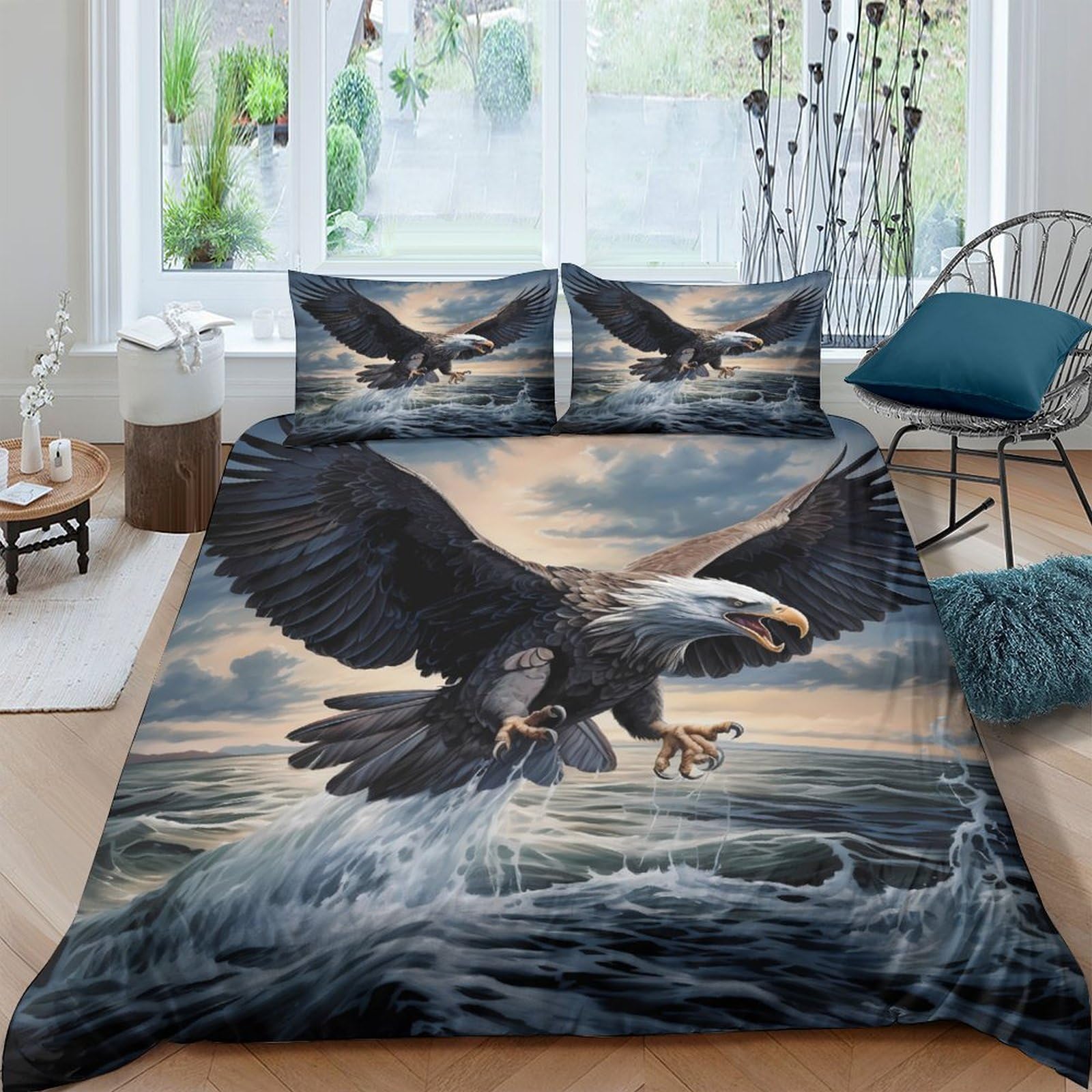 Ctjqhvkz Style-3 3D Printed Soaring Eagle Fitted Sheet Microfiber Soft Breathable Sunset Water Bed Cover For Bedroom Guest Room Decor Single（135X200cm）