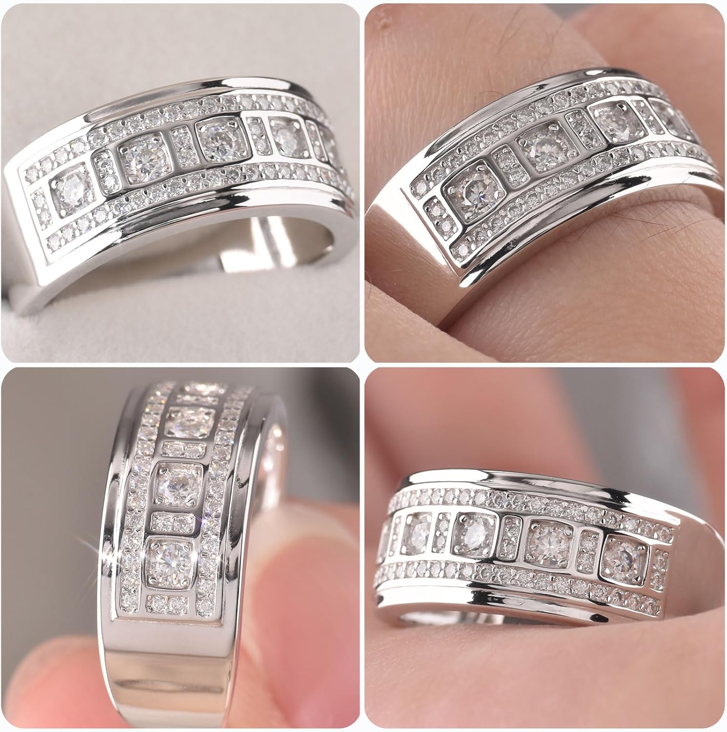 D Color VVS1 Moissanite Mens Wedding Band 925 Sterling Silver Engagement Rings for Men Promise Groom Round Size 9 - Image 2