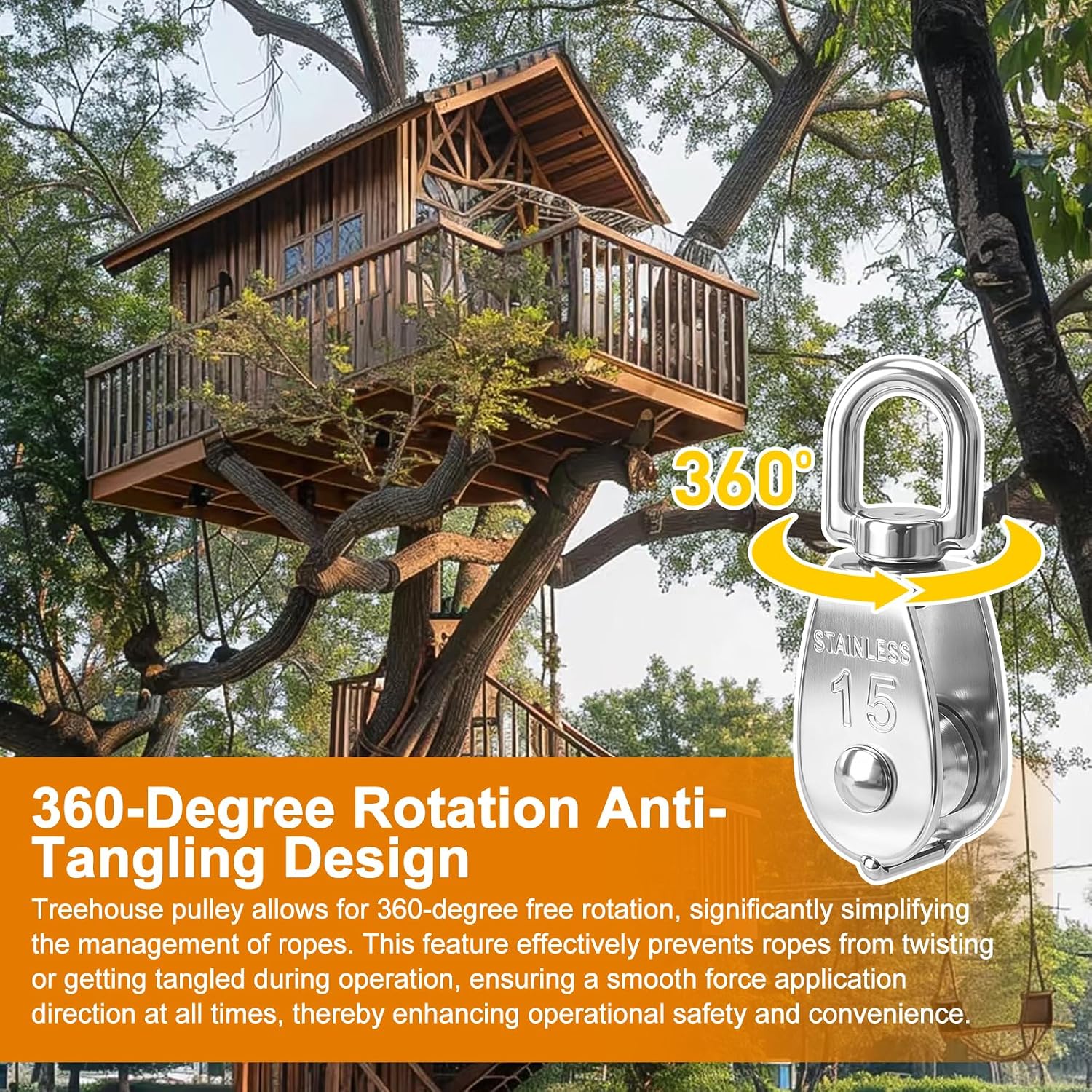 Treehouse Pulley System, Heavy-Duty Pulley Wheel, Pulley Block with Nylon Rope, Hooks, Eye Pad Plate and Rope Cleat - Ideal for Treehouse Lifting, DIY Projects(Excluding the Bucket)
