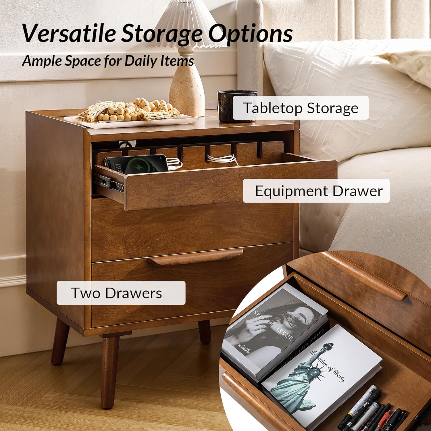Nightstand showing its various storage options: tabletop, an open top drawer with charging devices, and two closed lower drawers.