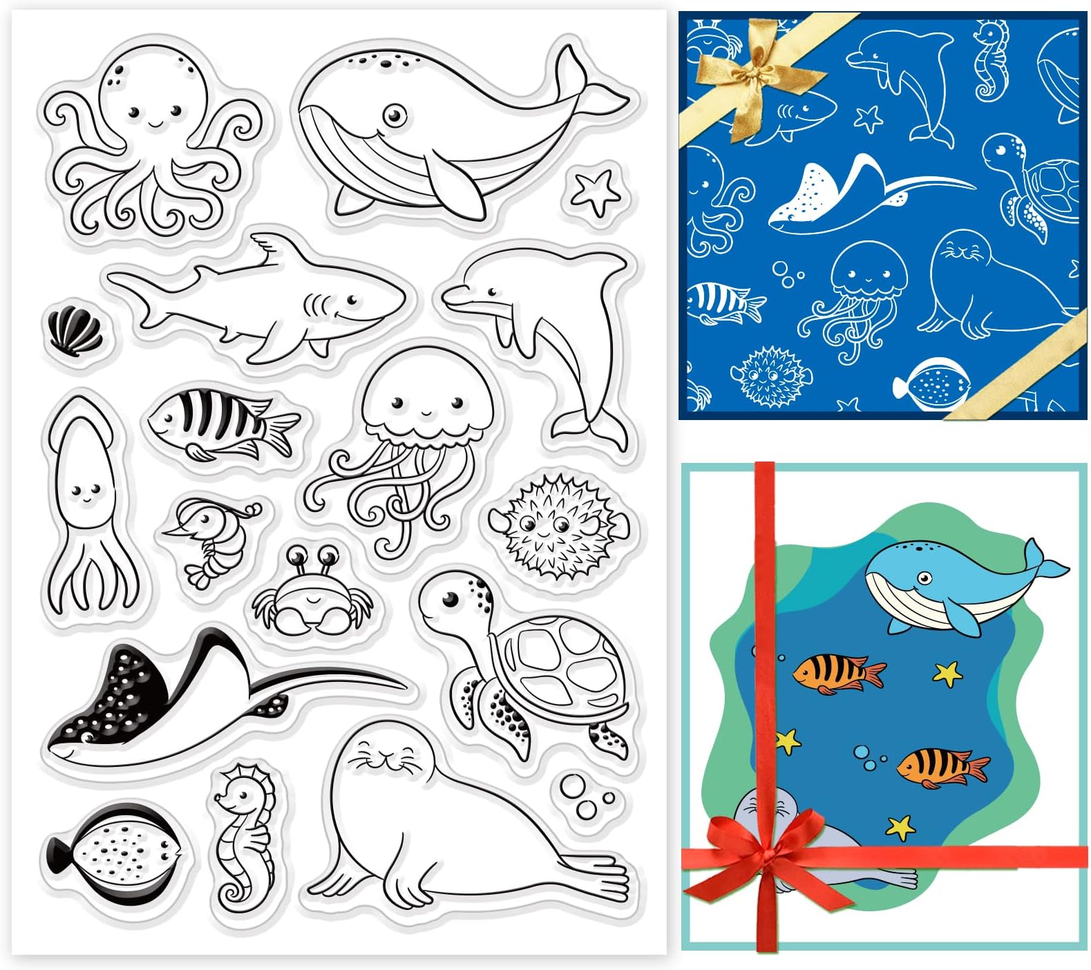 PH PandaHall Sea Animal Clear Stamps Marine Seahorse Turtle Dolphin Whale Silicone Stamp Film Frame Transparent Seal Stamps for Invitation Card Postcard Album Photo Gift Box Decor Scrapbooking