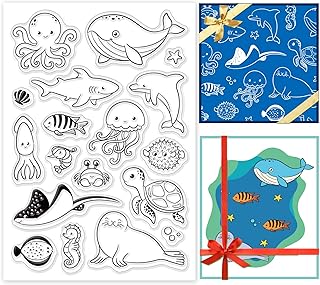PH PandaHall Sea Animal Clear Stamps Marine Seahorse Turtle Dolphin Whale Silicone Stamp Film Frame Transparent Seal Stamps for Invitation Card Postcard Album Photo Gift Box Decor Scrapbooking