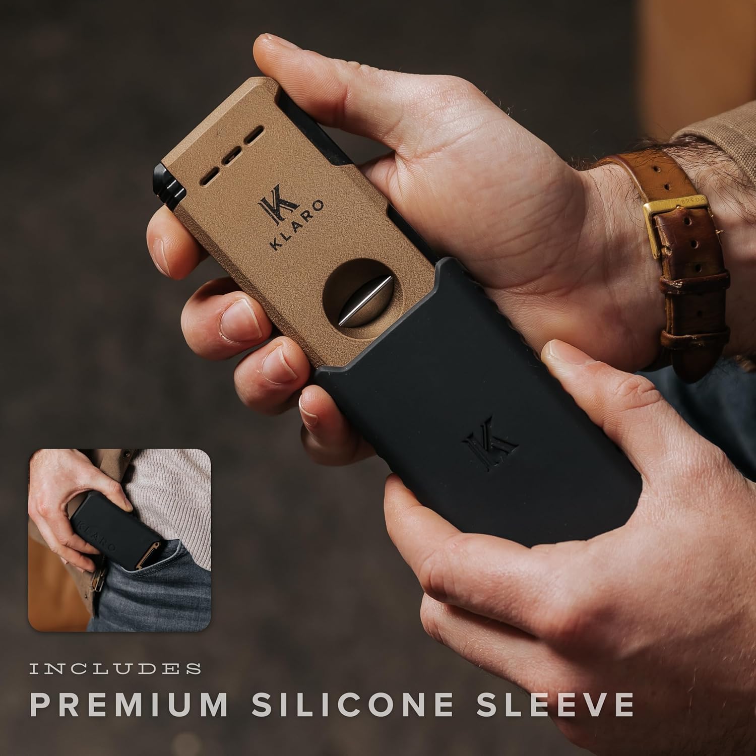 KLARO Double Torch Lighter and V-Cut Cutter, Spring-Loaded V-Cut, Swivel Protective Flame Cover, Hidden Poker, Gift-Ready with Silicone Sleeve, Coyote Brown Powder-Coated Finish, Lighter for Men
