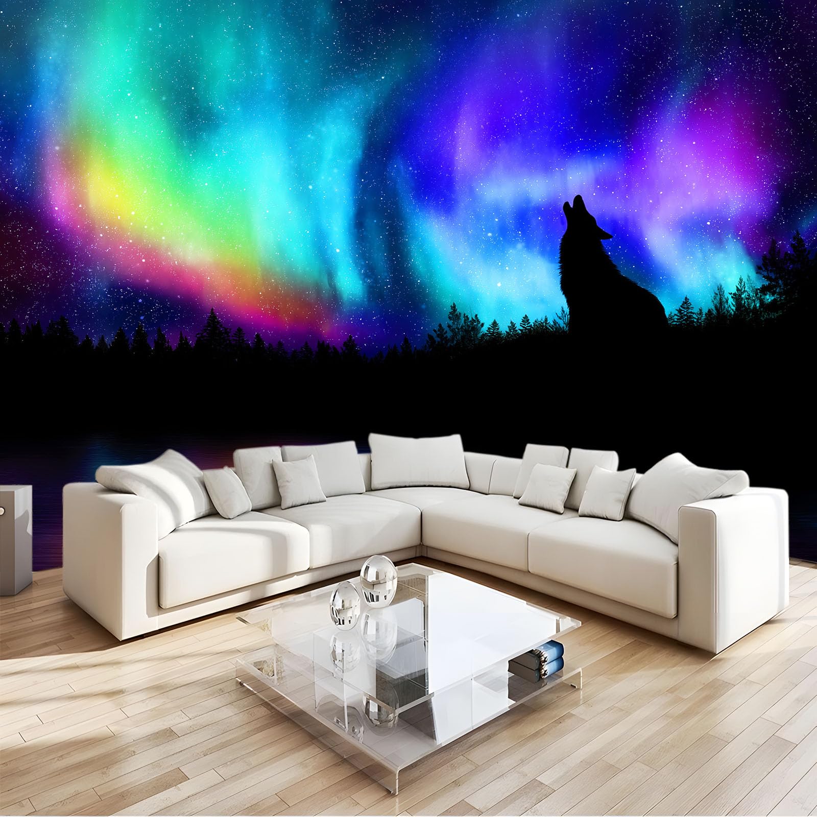 200 x 140 cm Carta da parati murale Panoramica Blu Viola Carta da parati fotografica non tessuta - Rivestimento murale decorazione soggiorno per camera da letto - Effetto 3D - Fantasia Animali Lupi