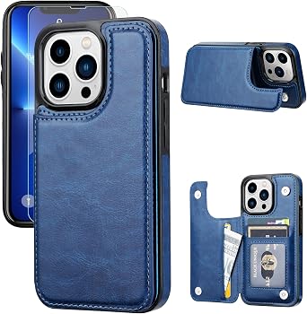 Wallet Case for iPhone 13 pro 6.1",Slim Protective case with Card Holder,Premium PU Leather Kickstand Card Slots Case with a Free Screen Protective Glass for iPhone13pro6.1"-Deep Blue