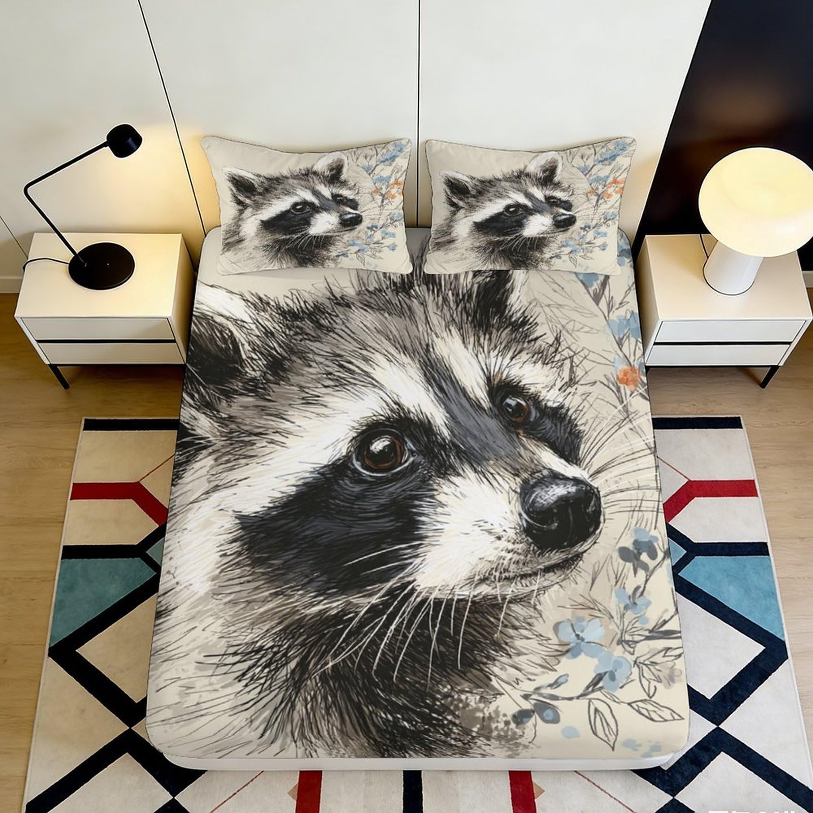 3D Printed Raccoon Forest Fitted Sheet Microfiber Soft Breathable Woodland Bed Sheet for Bedroom Guest Room Decor 90x200x25cm