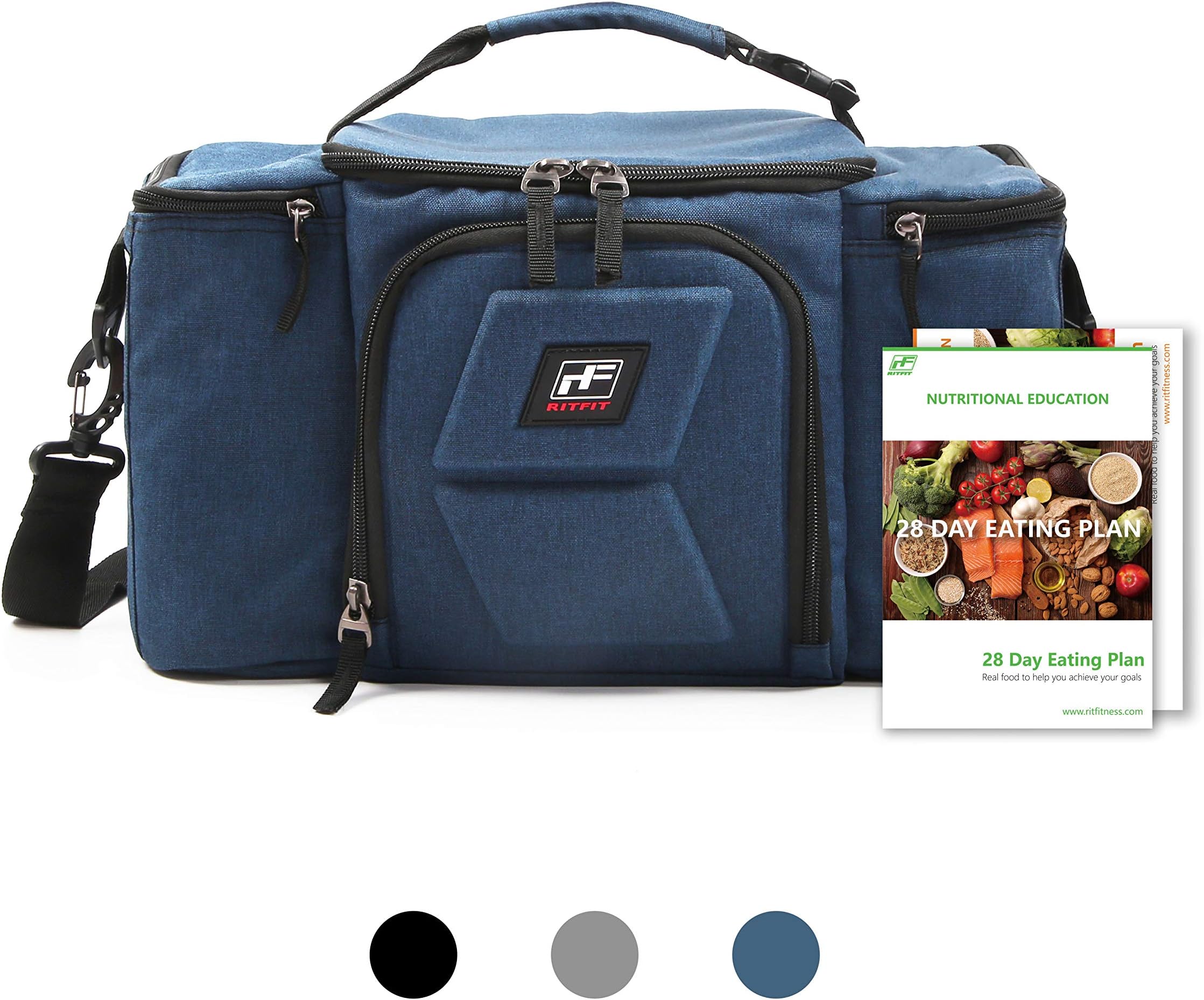 RitFit Upgraded Meal Prep Lunch Bag with 3 BPA-free Containers for Adults, Fitness Insulated Lunch Box for Gym, Work, and Trips, Come with Shoulder Strap, 2 Ice Packs and 2 Free Recipe books (Blue.)