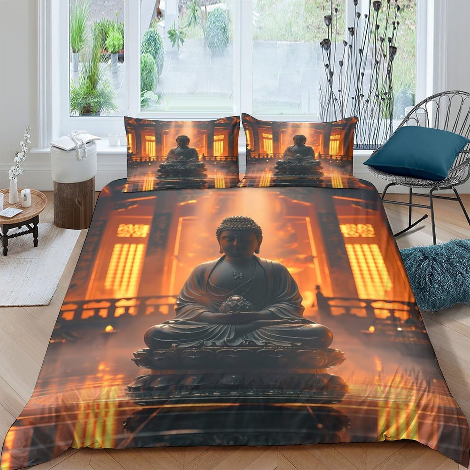Ctjqhvkz Style-5 3D Printed Buddha Statue Fitted Sheet Microfiber Soft Orange Temple Bed Cover For Bedroom Dorm Mattress Decor Single（135X200cm）