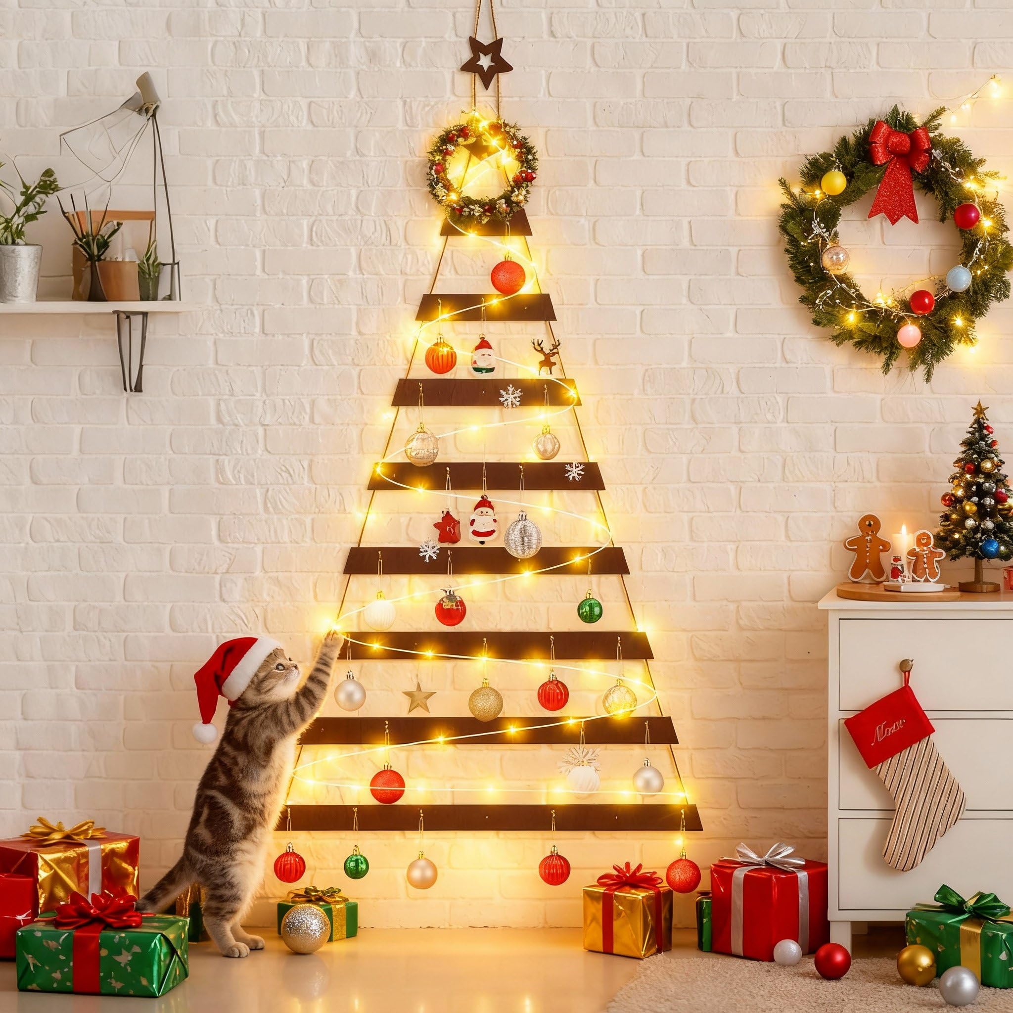 Vercraft Sapin de Noël Mural résistant aux Chats avec lumière à Suspendre - Sapin de Noël en Bois à Suspendre avec Crochets - Décoration de Noël Plate pour la Maison ou Le Bureau