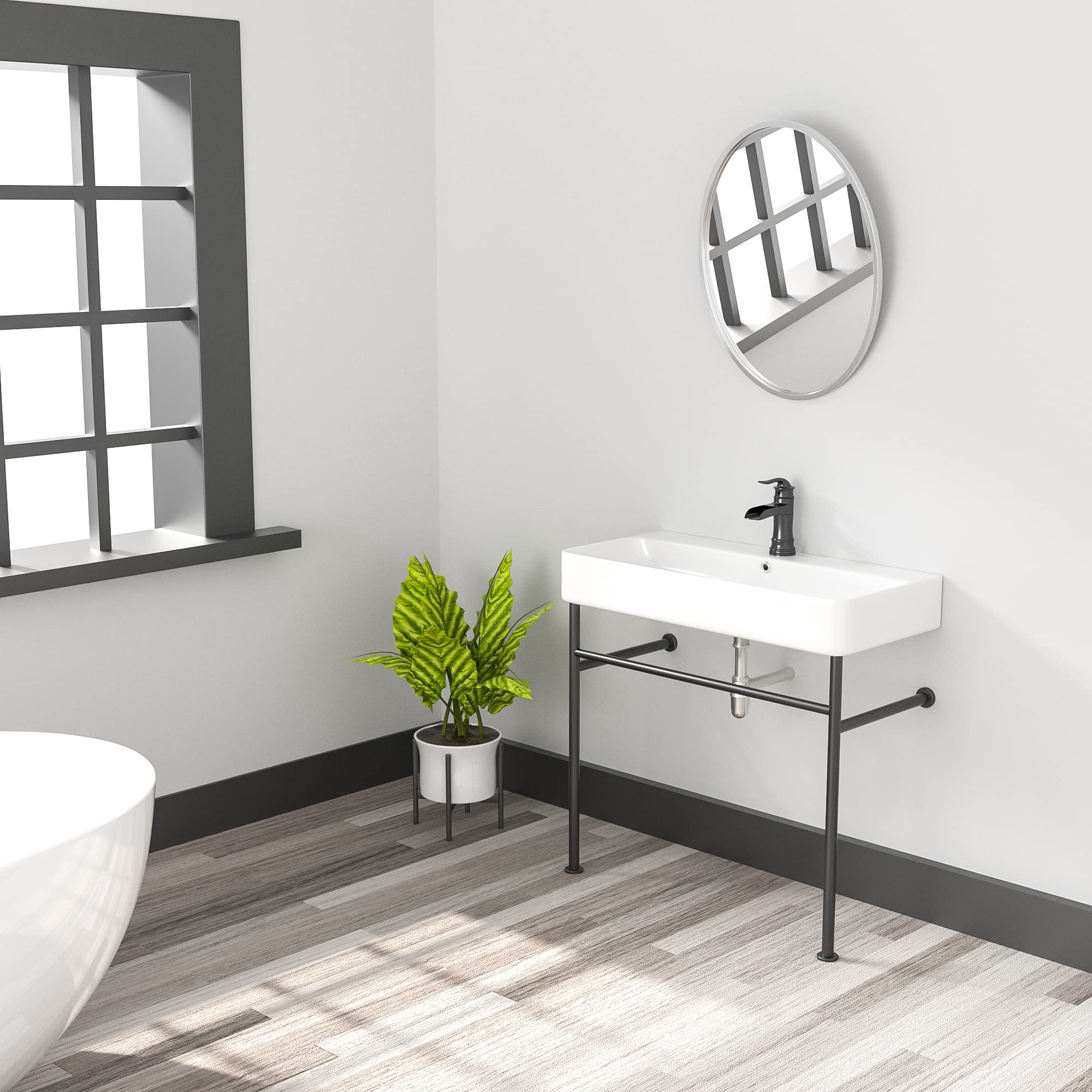 Vessel Sink Console - Sarlai 35 Inch Bathroom Sink Wall Mounted with Metal Bracket White Ceramic Bathroom Vanity Sink Basin Pedestal Sink