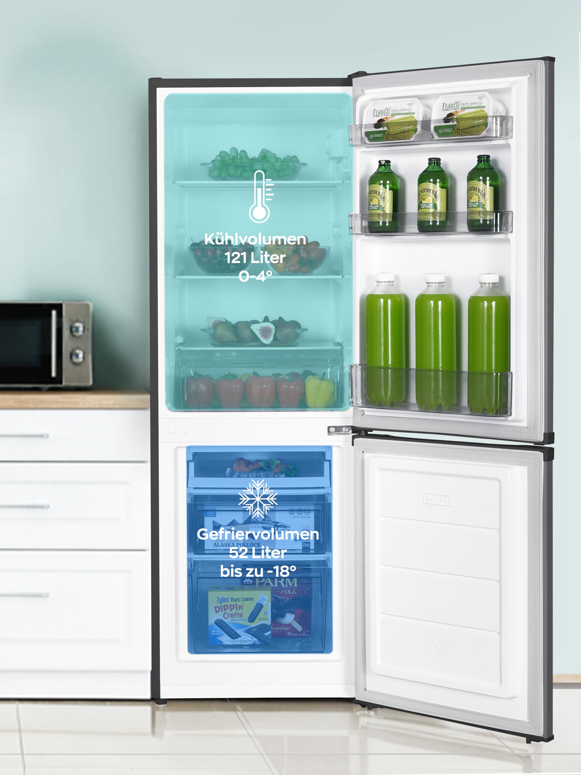 Heinrich´s Kühlgefrierkombination 173L Gesamtvolumen, 121L Kühlvolumen, 52L Gefriervolumen, LED Beleuchtung,Türanschlag wechselbar, leise 40dB, große Tiefkühlboxen, 7Temperaturstufen,inox