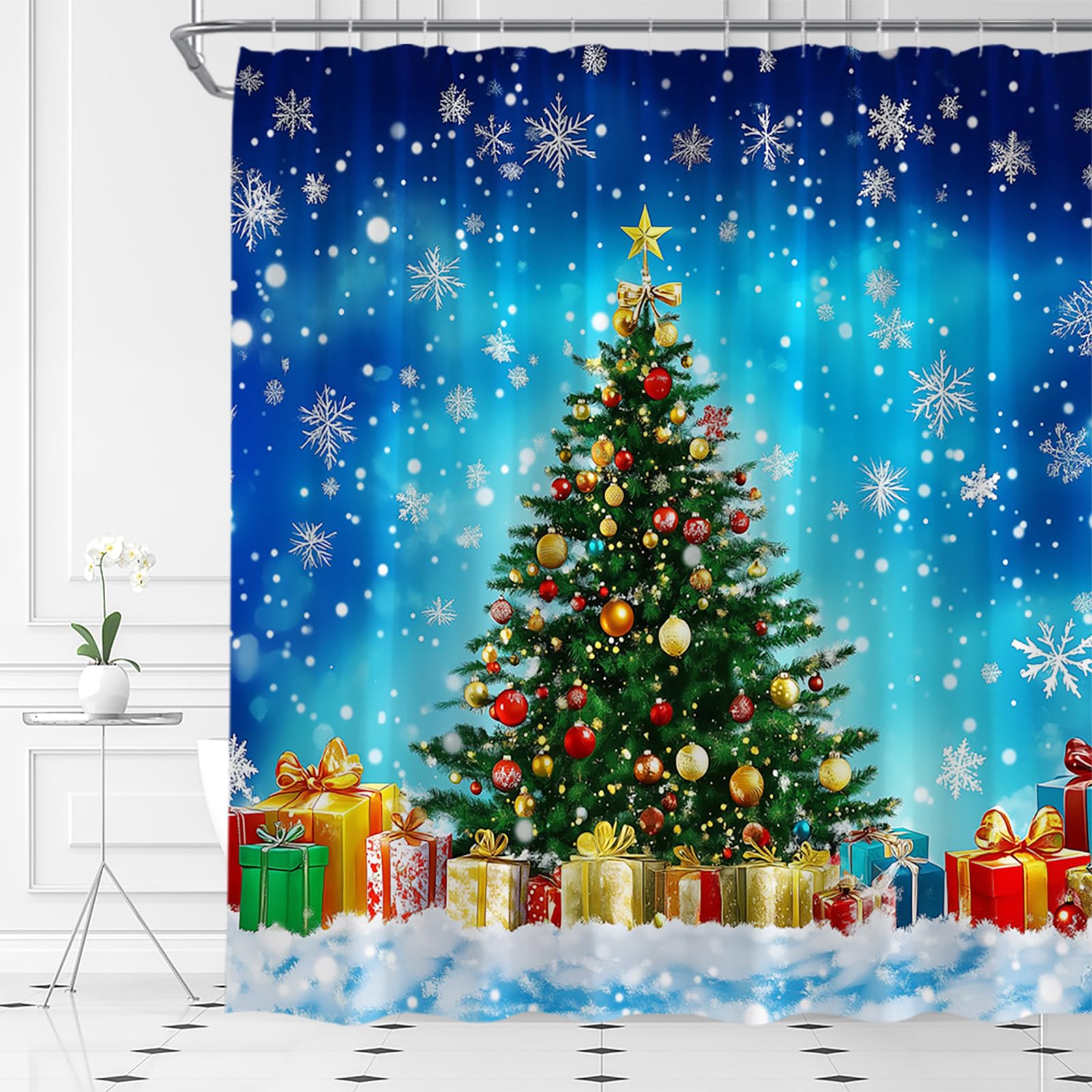 UEAUUN Merry Christmas Shower Curtain Christmas Tree Fantasy Snowman Winter Fabric Bathroom Decor Set with Hooks(70" WX70 H)