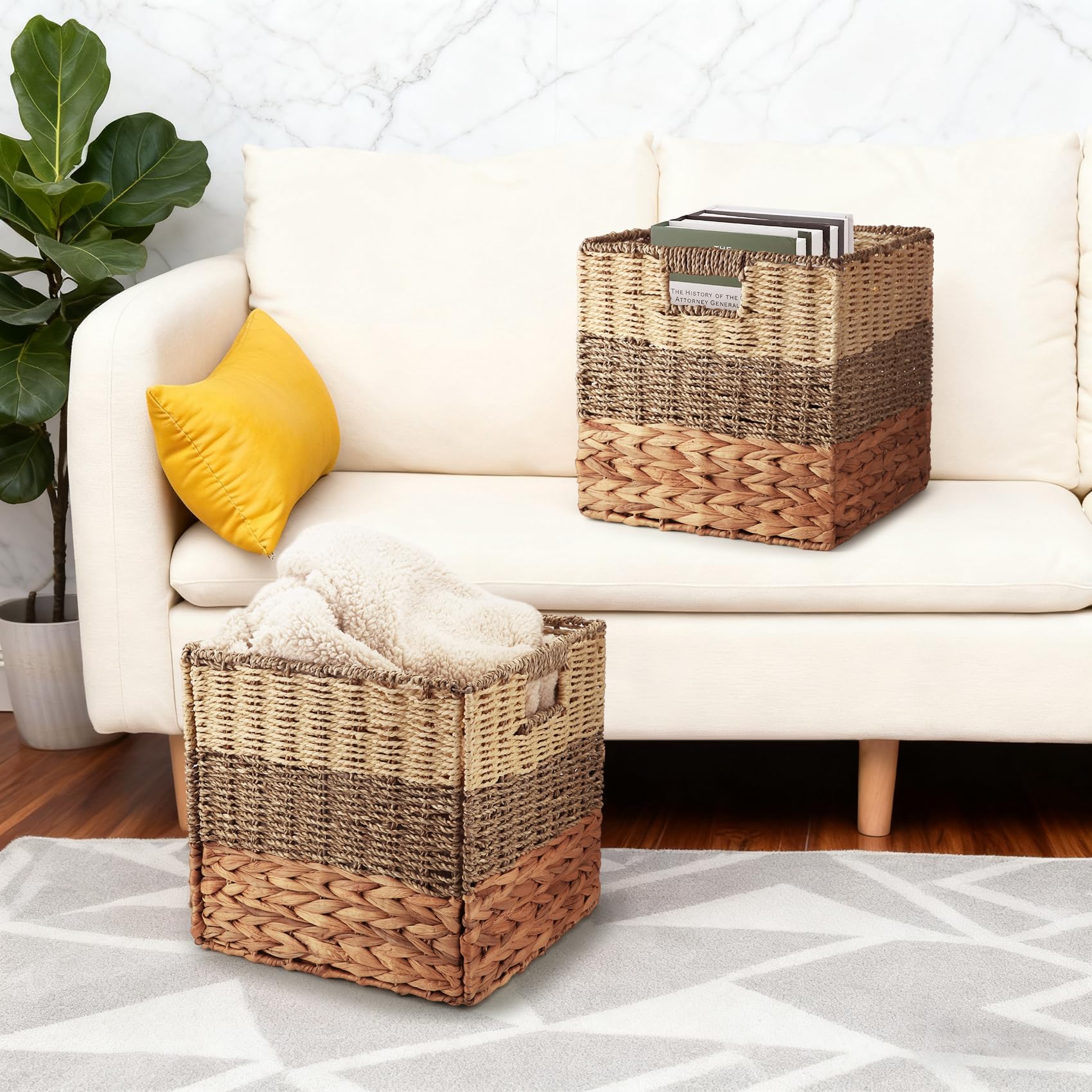 Juego de 2 cestas de almacenamiento tejidas a mano para estantes, cestas de almacenamiento plegables con asas, cestas de mimbre pequeñas de 30 cm para organizar despensa dormitorio