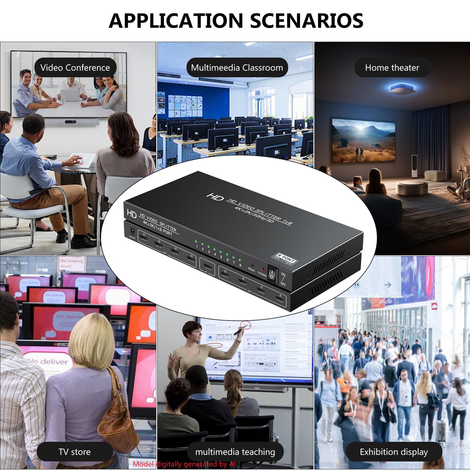 Splitter HDMI 1 en 8 Out-4K HDMI Splitter 1X8 HDMI Splitter -8 Sortie HDMI Splitter - Diviseur HDMI alimenté avec adaptateur CA, compatible avec 4Kx2K@30Hz、3D, pour exposition, présentation,