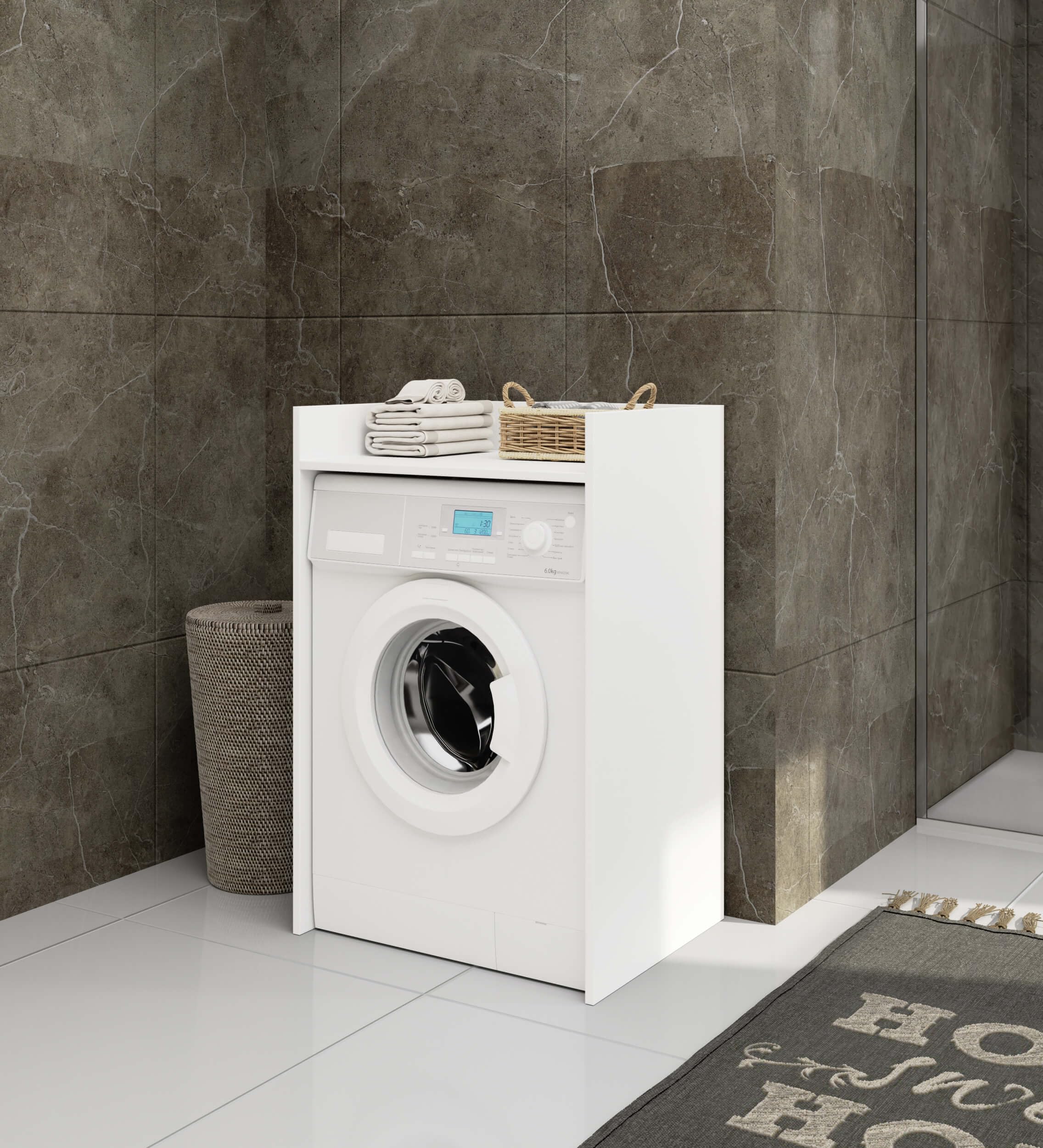 AKORD | Armoire pour Machine à Laver | 64 x 98 x 50 cm | Meuble de Salle de Bain | Étagère pour Machine à Laver | Blanc & Blanc