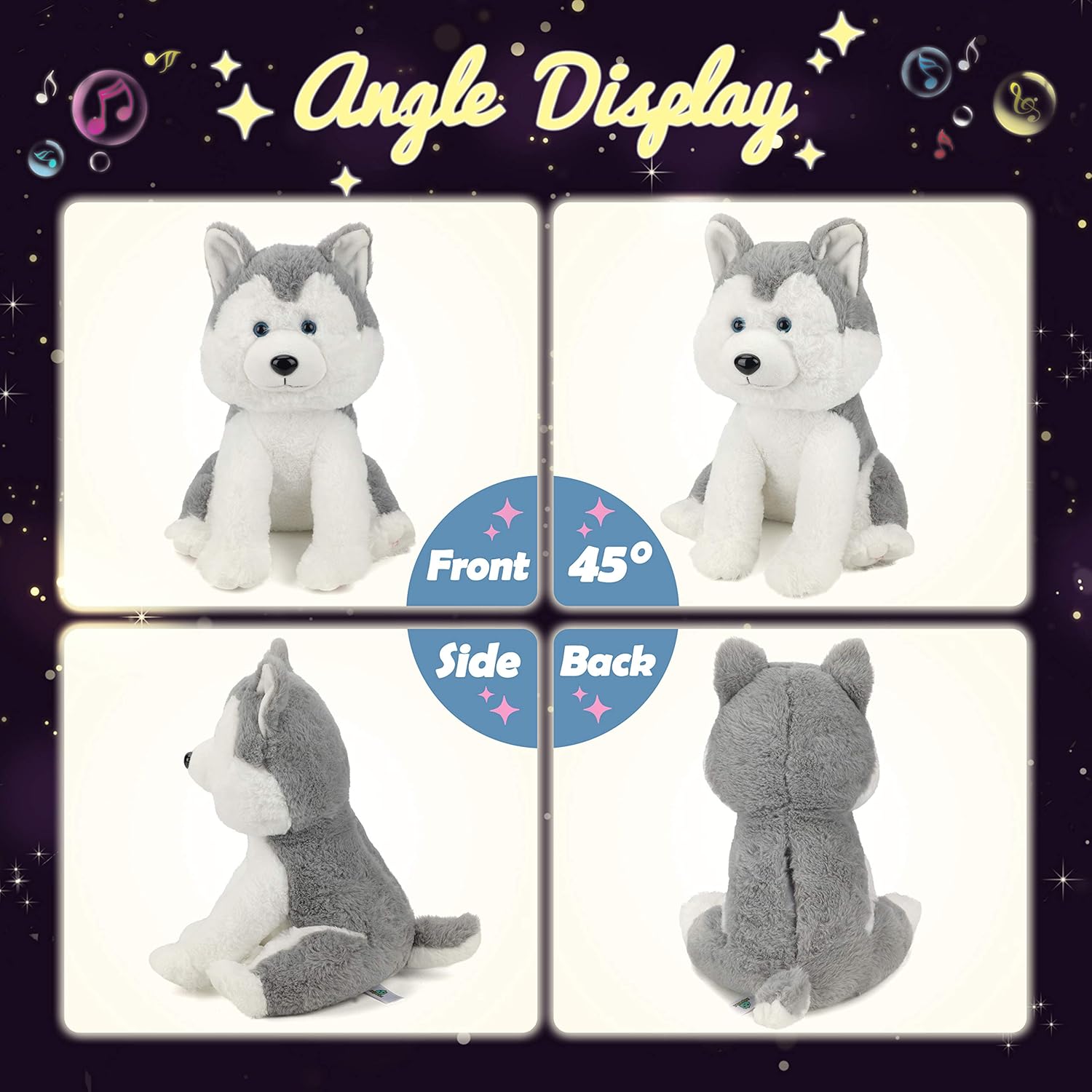 Hopearl LED Musical Stuffed Husky Light up Singing Plush Dog Adjustable Volume Lullaby Animated Soothe Birthday Festival for Kids Toddler Girls, Gray, 12''