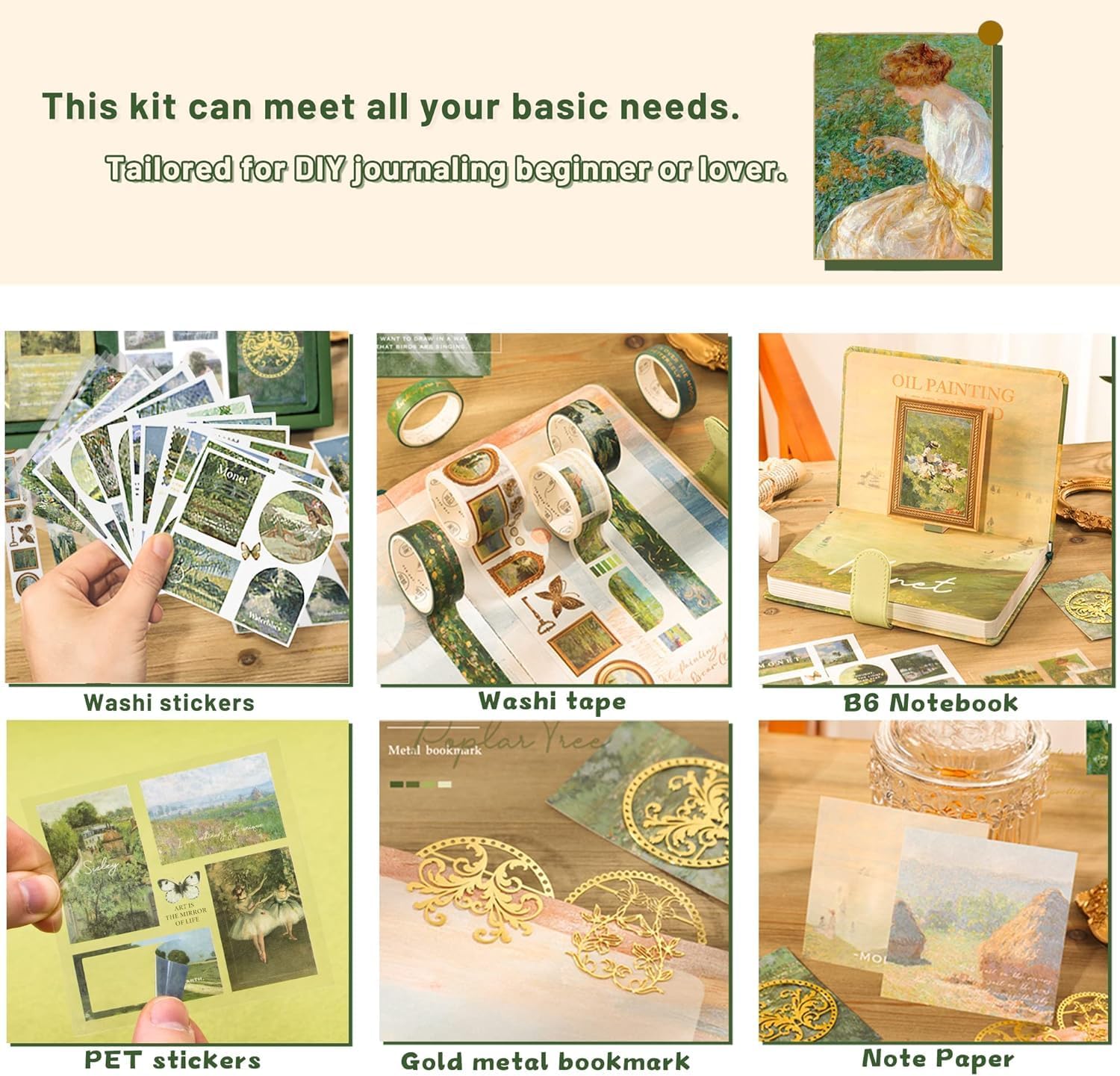 PLUSPOINT Vintage Aesthetic Paper Scrapbook Kit with 346 Pcs Complete Scrapbooking Supplies Set Featuring Bullet Junk Journal | A6 Grid Notebook | Elegant Stationery in Charming Green Stickers 2
