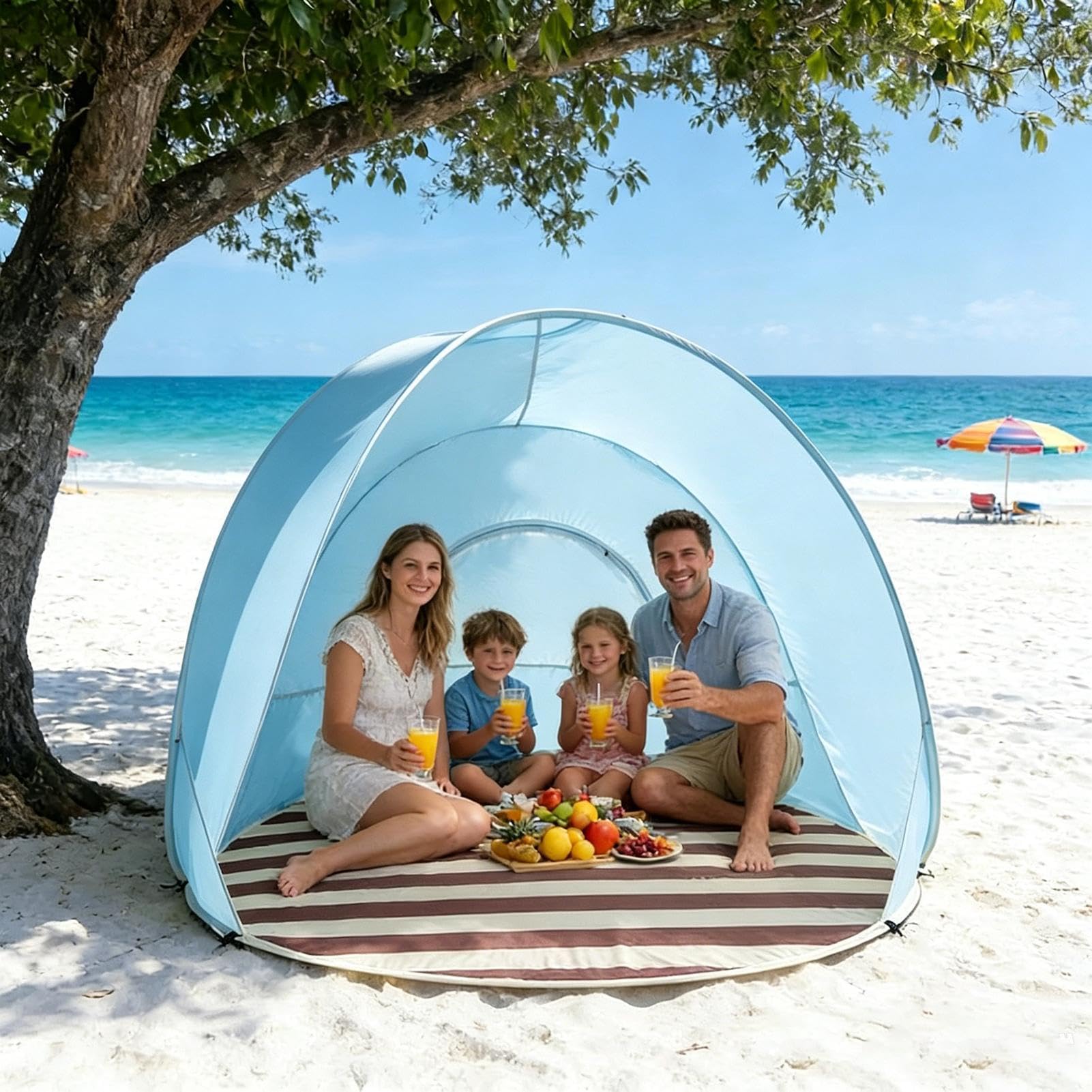 Tenda Da Spiaggia Portatile Automatica Per 3-4 Persone - Ombreggiatura Solare UPF 50+, Tenda Popup Facile Da Montare Con Finestre Ventilate, Astucci e Piccheti Per Spiaggia, Campeggio, Picnic, Parcoes