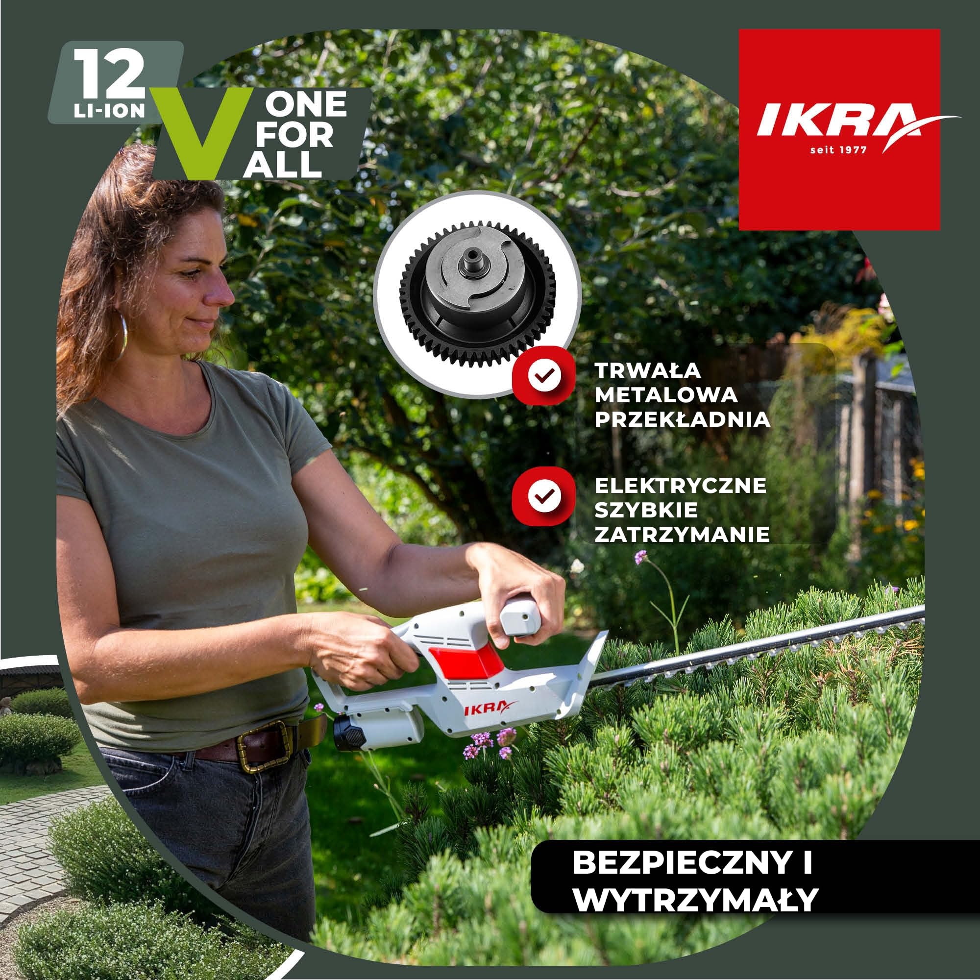 IKRA Nożyce do żywopłotu IAHS 1240 z akumulatorem, ładowarką i okularami | Nóż z aluminiową prowadnicą i osłoną, długość cięcia 41 cm, grubość 14 mm, kompatybilny z akumulatorami IKRA 12V