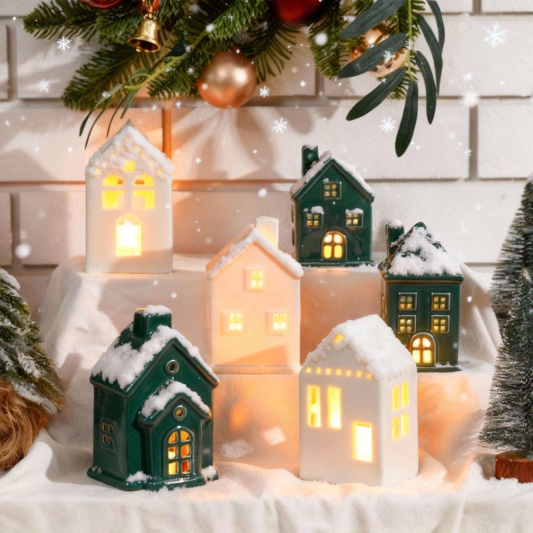 Vesici Weihnachtsdorf-Set, LED-beleuchtete Keramik-Dorfhäuser, Urlaub, Miniatur-Porzellan-Hausfiguren, Dekorationen für Zuhause, Tischplatte, Kaminregal, Dekoration (Grün und Weiß), 6 Stück