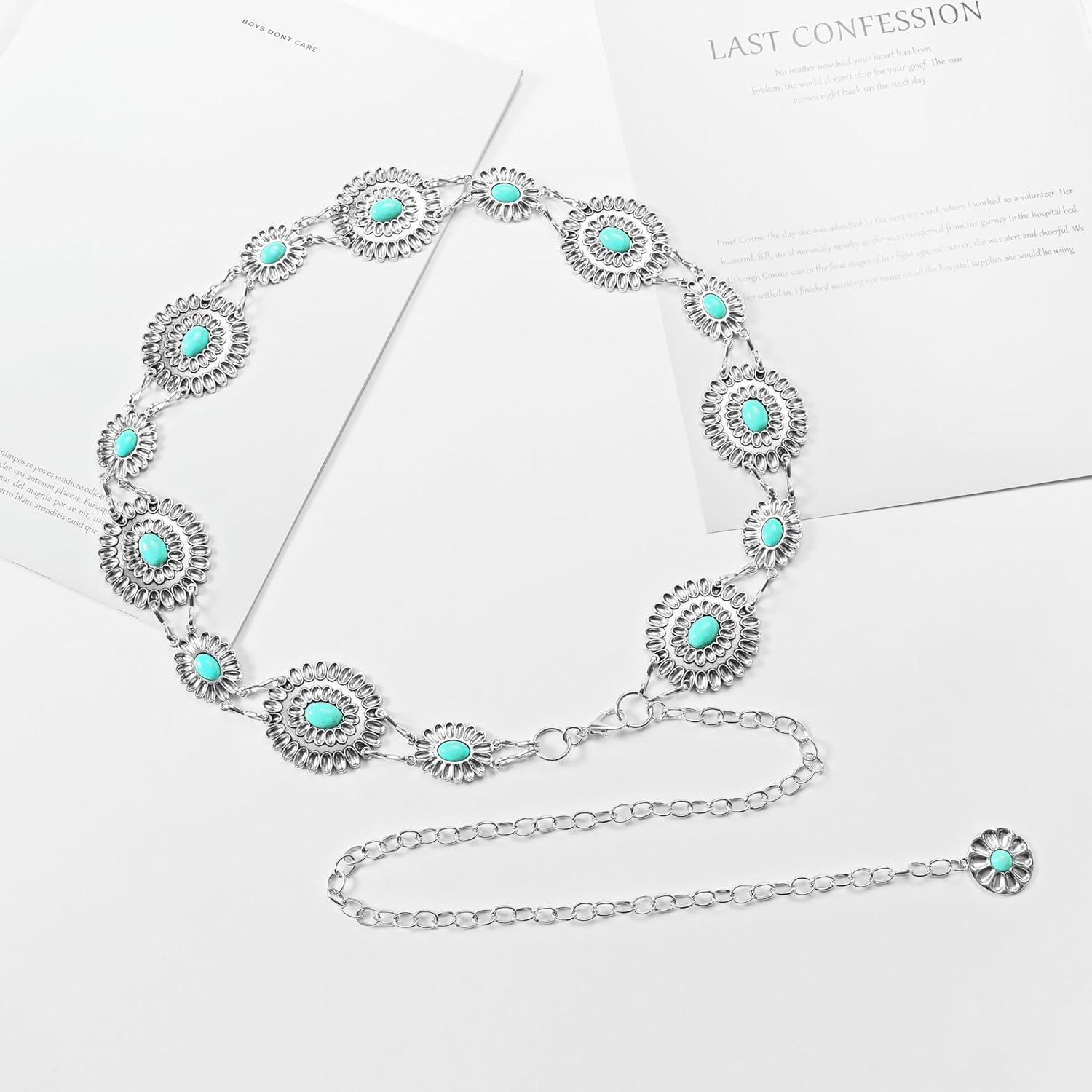 YBO Women Concho Chain Belt Metal Link Western Cowgirl Turquoise Chains Belt for Dress - Image 5