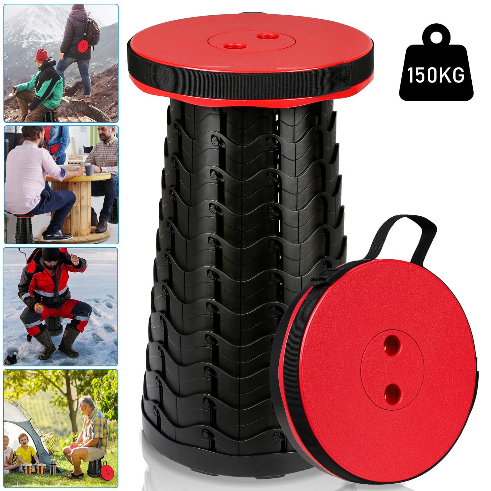 Sgabello telescopico pieghevole portatile da campeggio, regolabile in altezza e stabile, portata fino a 150 kg, compatto per esterni, giardino e viaggi, rosso