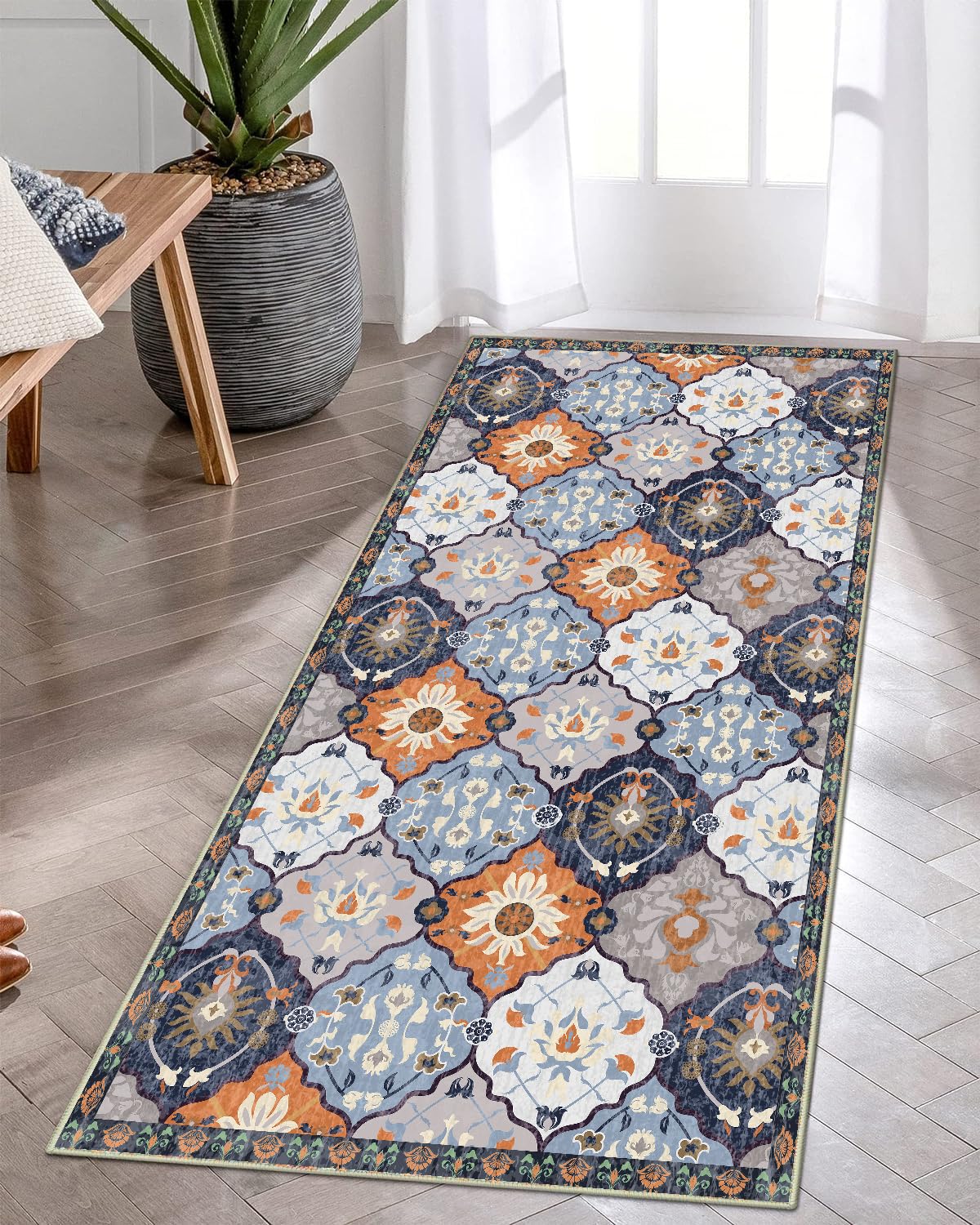 ishro home Premium Modern Runner Rug for Bedroom, Kitchen | Anti-Skid and Machine Washable | (45 x 153 Cm, Blue)