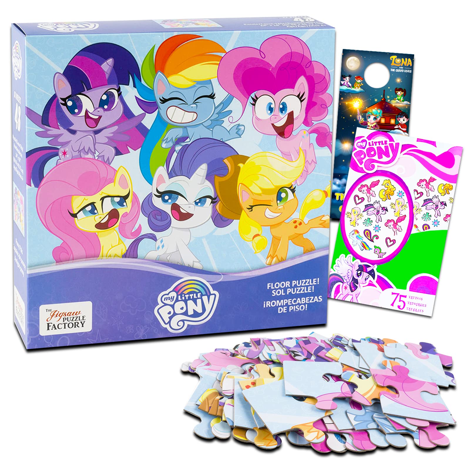 My Little Pony Floor Puzzle Set for Kids ~ Bundle with 48 Piece Jigsaw Puzzle, Temporary Tattoos, and Door Hanger | Toy Activity Set, puzzles ages 3-5