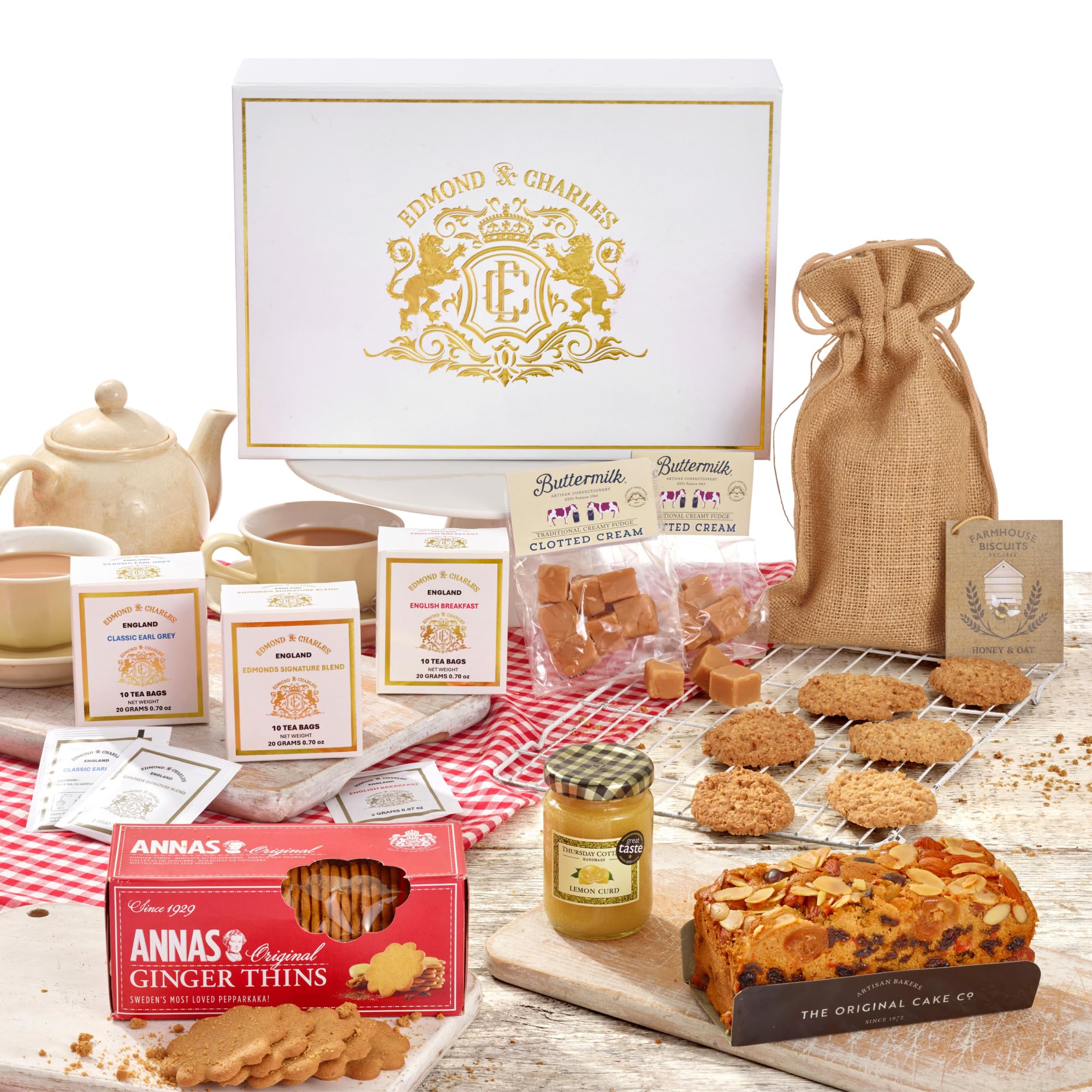 Luxury Afternoon Tea Hamper for 2 | Gift Box with Teas, Clotted Cream Fudge, Lemon Curd, Gourmet Biscuits & Fruit Cake | Set of Artisinal Birthday Treats | Hampers Presents for Women