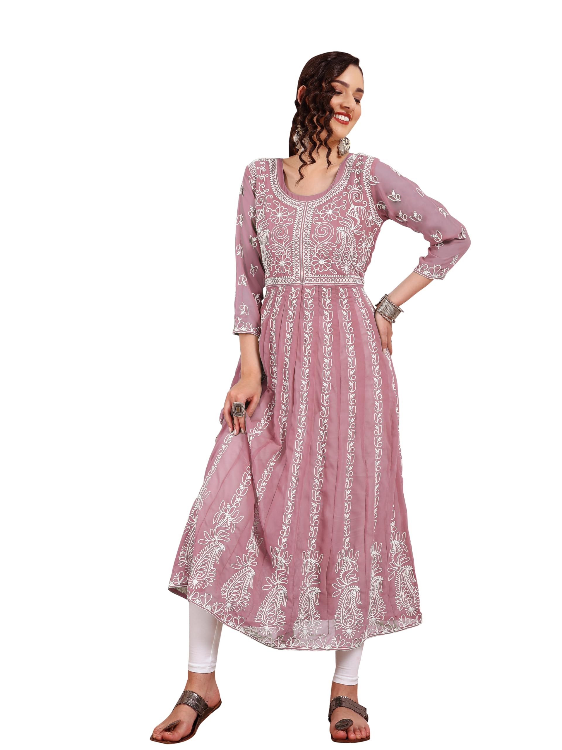 EthnicJunctionWomen's Lucknowi Chikankari Embroidered Thread Work Georgette Anarkali Kurta