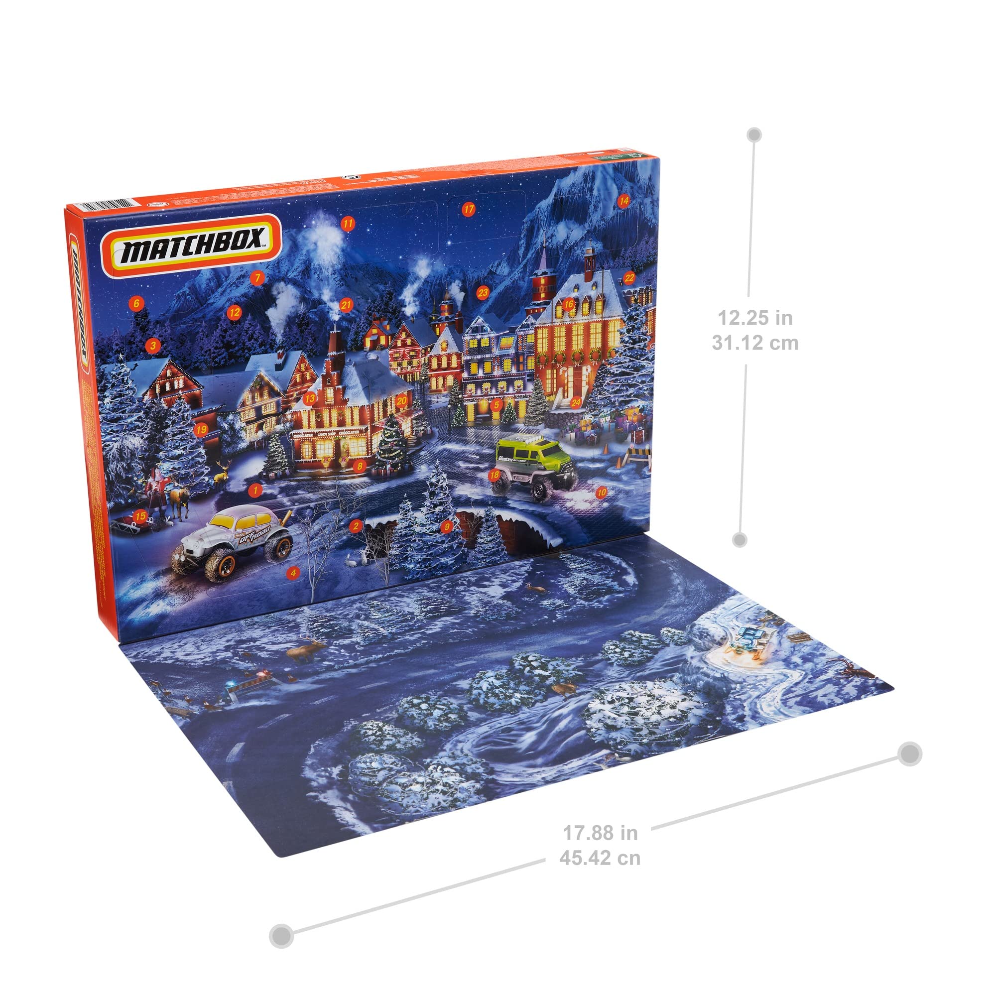 Matchbox Calendrier de l'avent, contient 24 surprises dont 11 petites voitures et 13 accessoires, pour enfants dès 3 ans, GXH01