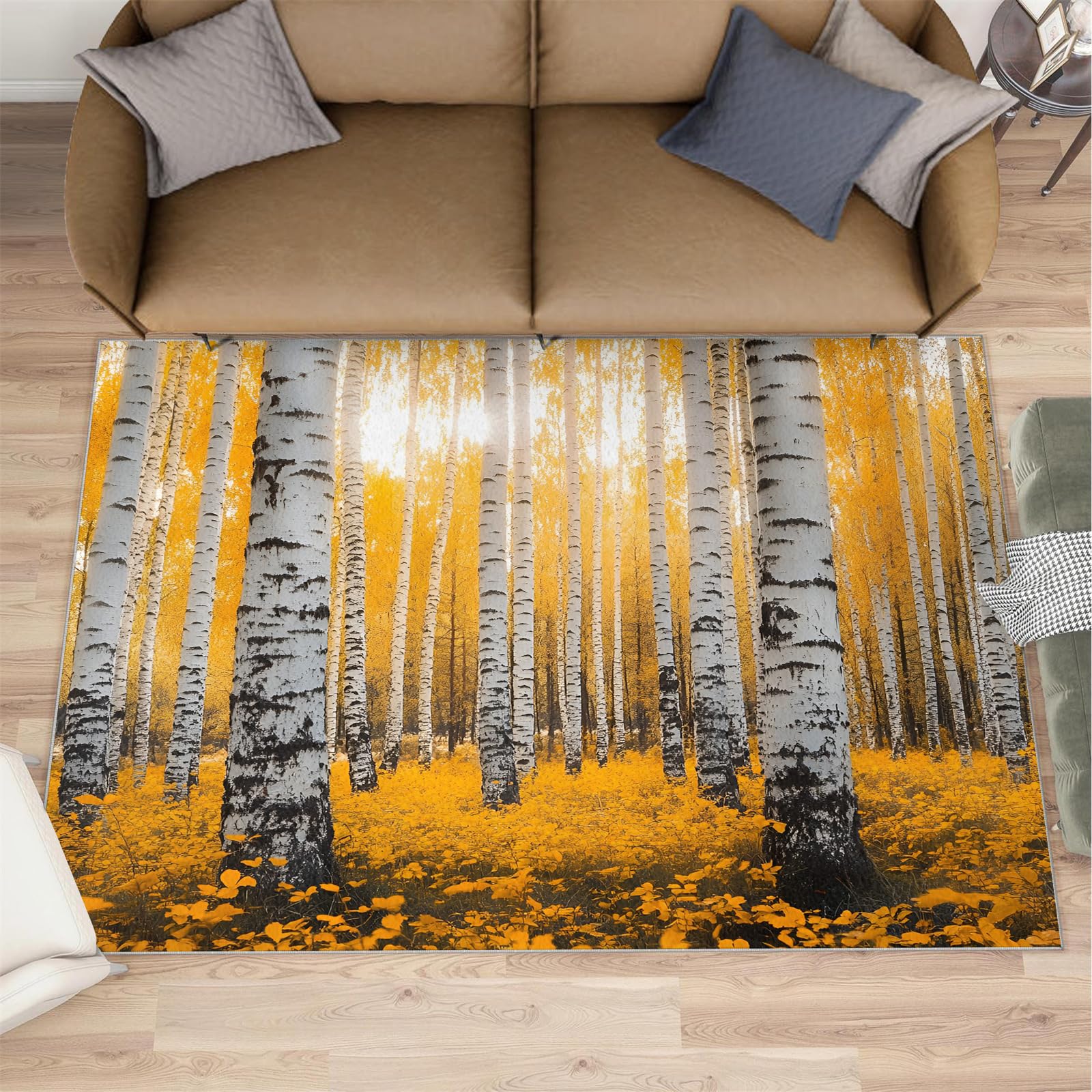 Tapis forêt de bouleau lavable pour créer une ambiance scandinave dans votre salon