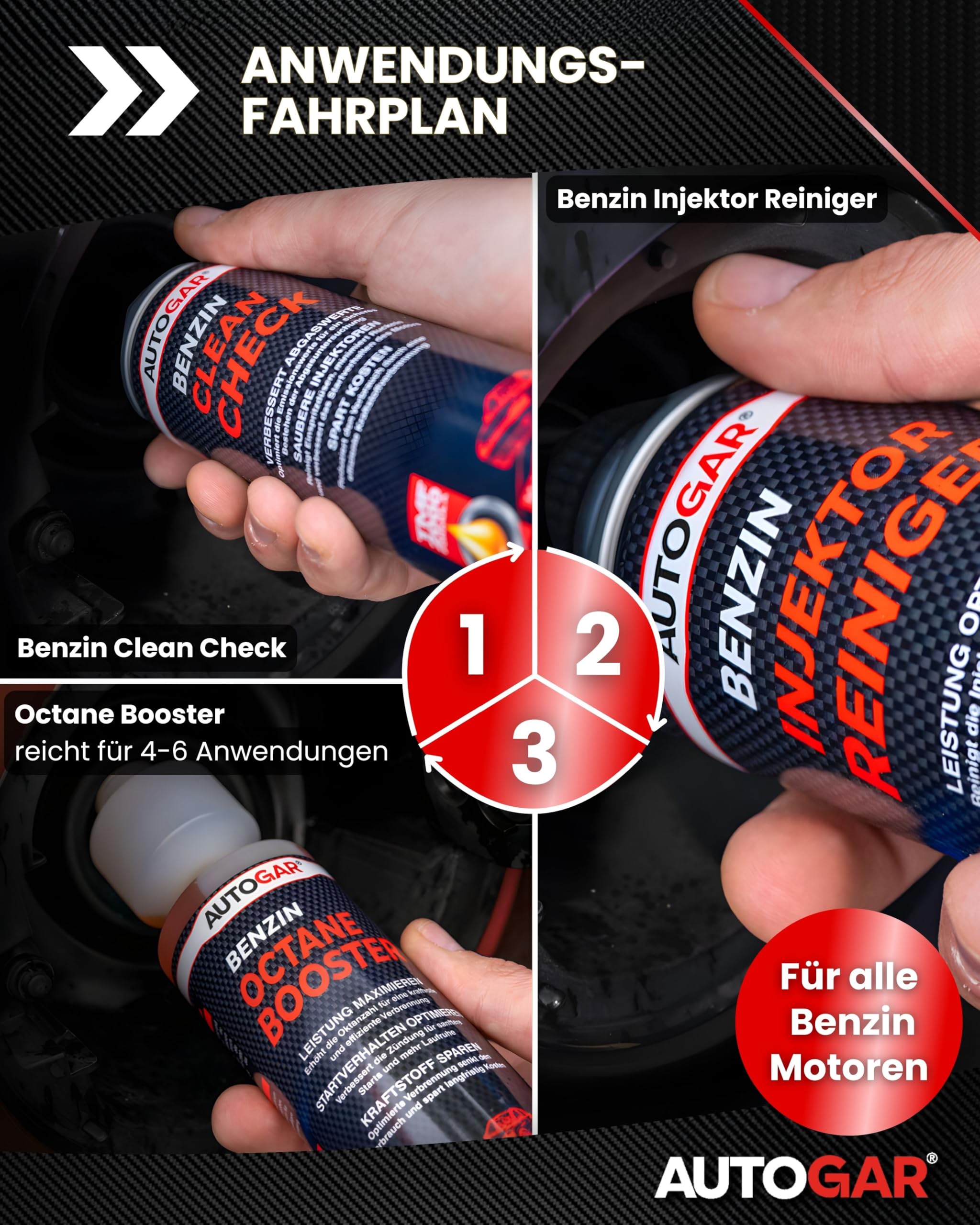 Benzin-Power Komplett-Kur I Benzin-Additiv-Set: Kraftstoffsystemreiniger, Injektorreiniger & Oktan Booster I Kraftstoffsystempflege, Abgasreinigung, saubere Verbrennung & ruhiger Motorlauf