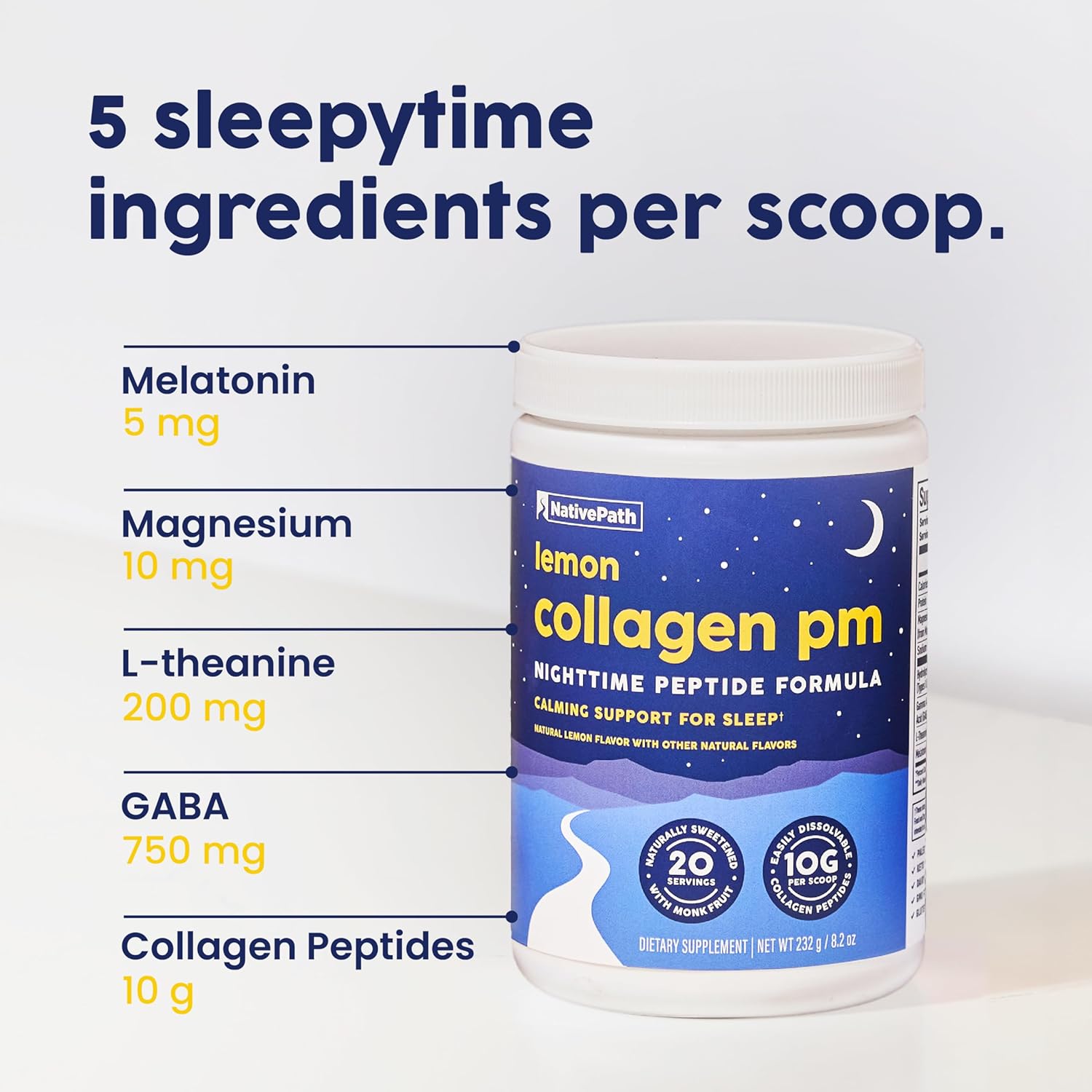 NativePath Collagen PM Lemon - Nighttime Collagen Drink with Melatonin, Magnesium, GABA & L-Theanine for Sleep Support - 10g Grass-Fed Collagen Peptides - 20 Servings - Image 4