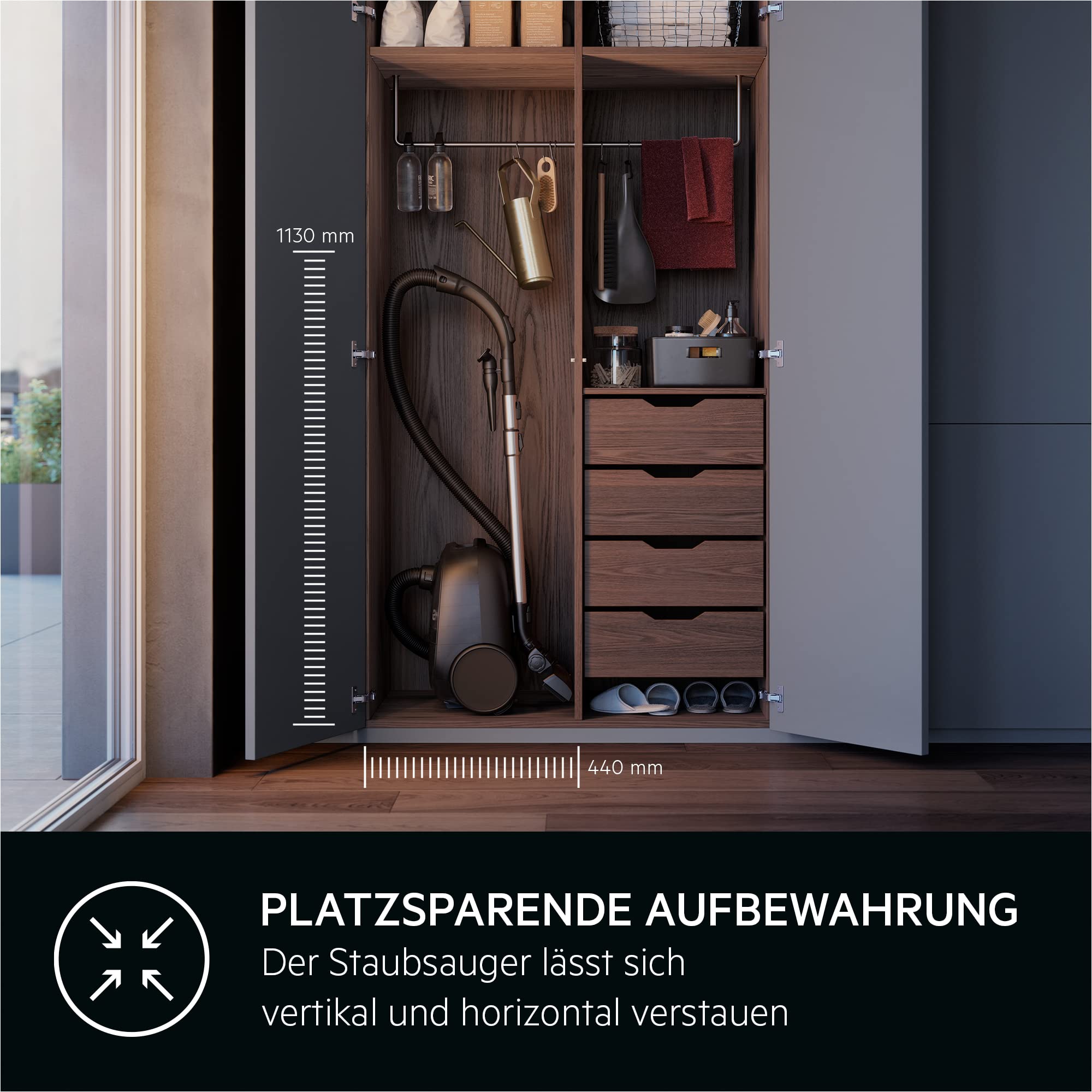 AEG CLEAN 6000 ÖKO Staubsauger mit Beutel, Hohe Saugleistung, Zusatzdüsen, XL-Räder, Edelstahl-Teleskoprohr, aus 65% Recyclingmaterial, 12 m Kabel, 850 Watt, Zubehör, Grau, AB61C1OKO