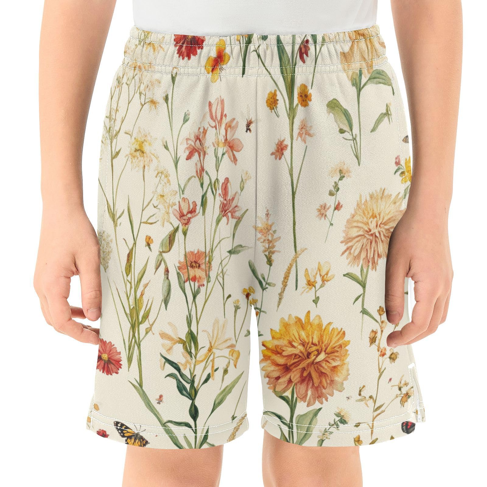 Boys Shorts Athletic with Pockets Light Weight Running Short Pants XL Autumn Flowers Carnation Dahlia Butterflies Bees